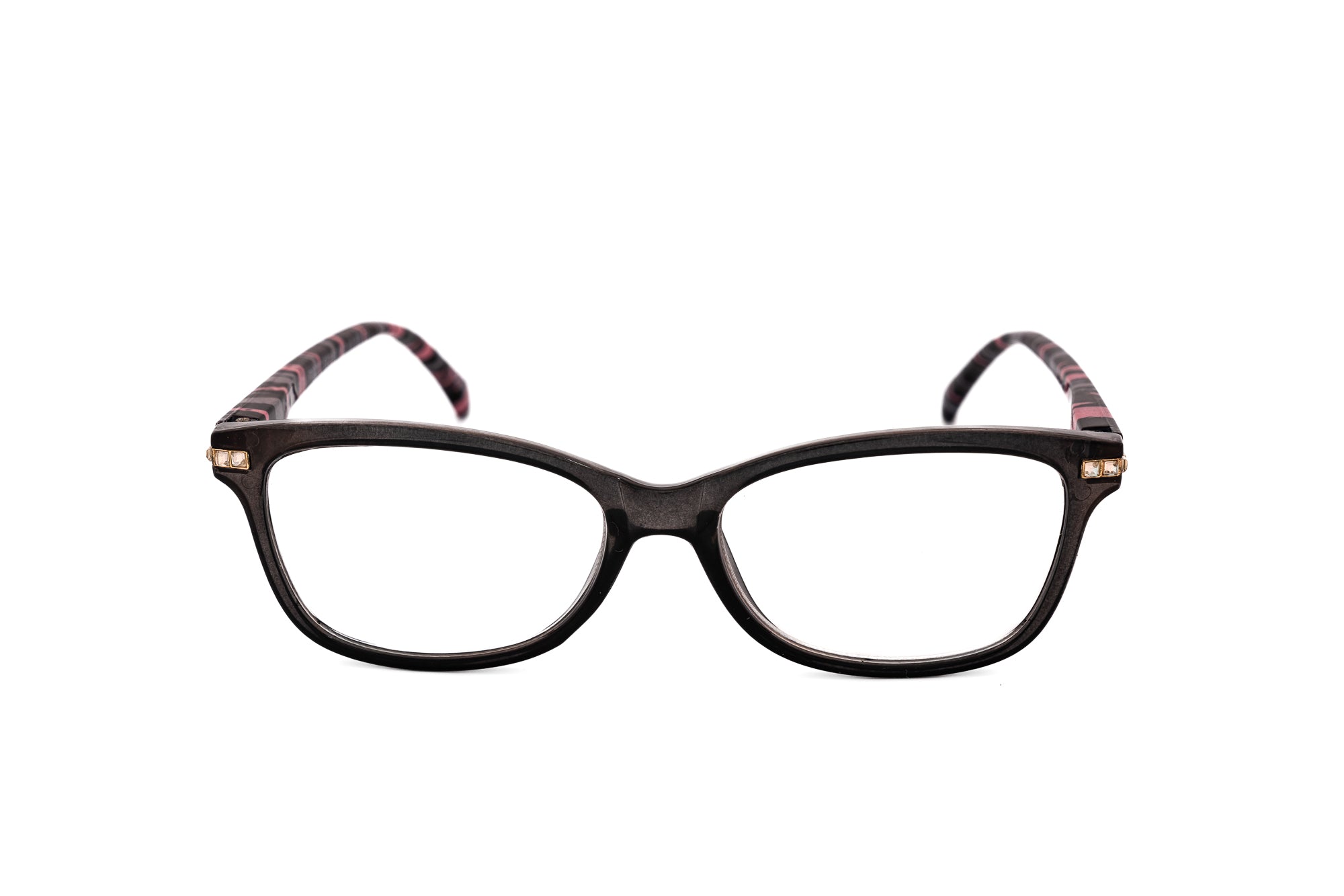 Elanza by Bolero Eyewear pink stripe reading glasses with feminine cat-eye silhouette front angle view