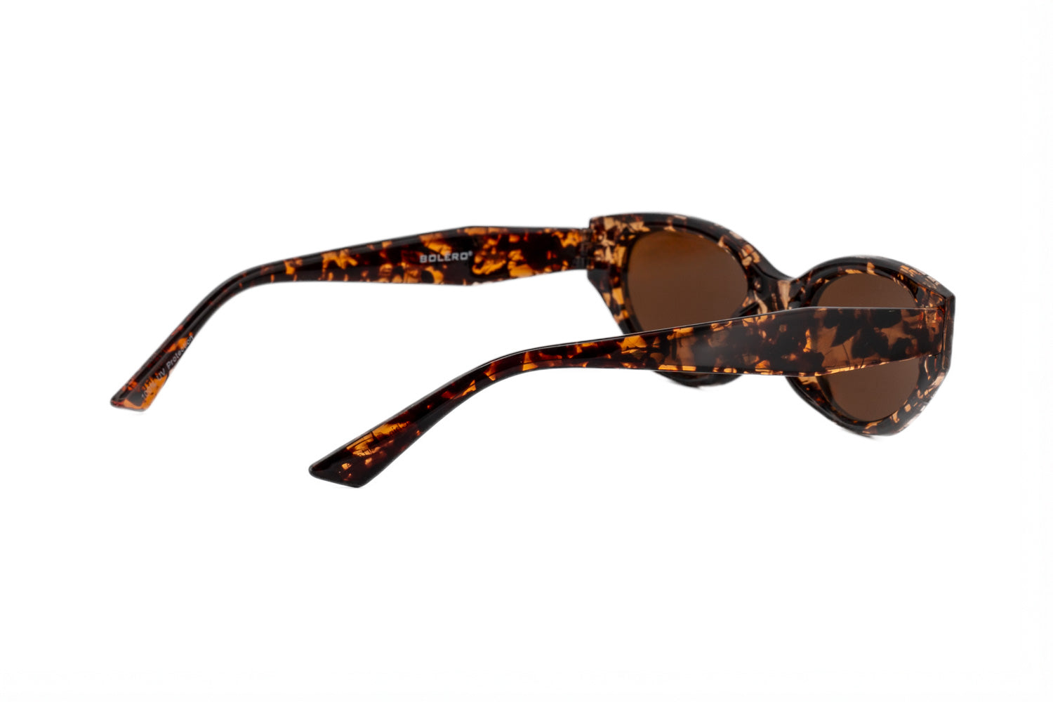 Elara tortoiseshell cat-eye sunglasses by Bolero Eyewear with brown UV lenses retro modern shape rear three-quarter angle view