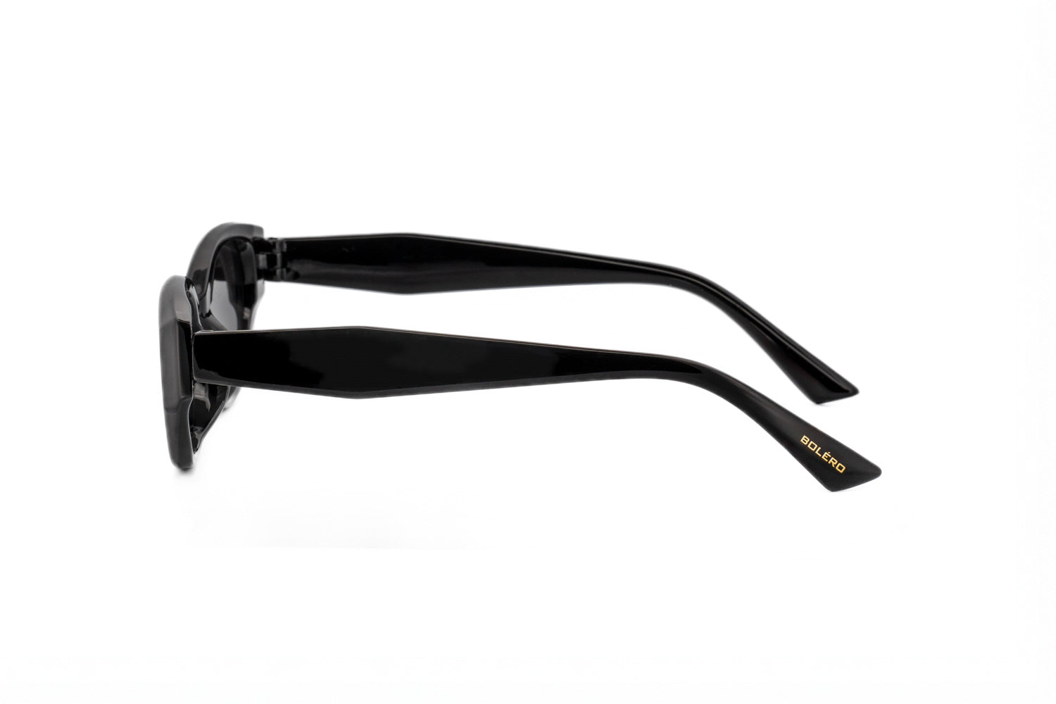 Elara by Bolero Eyewear black cat-eye sunglasses with UV lenses and sculpted crystal frame side angle view