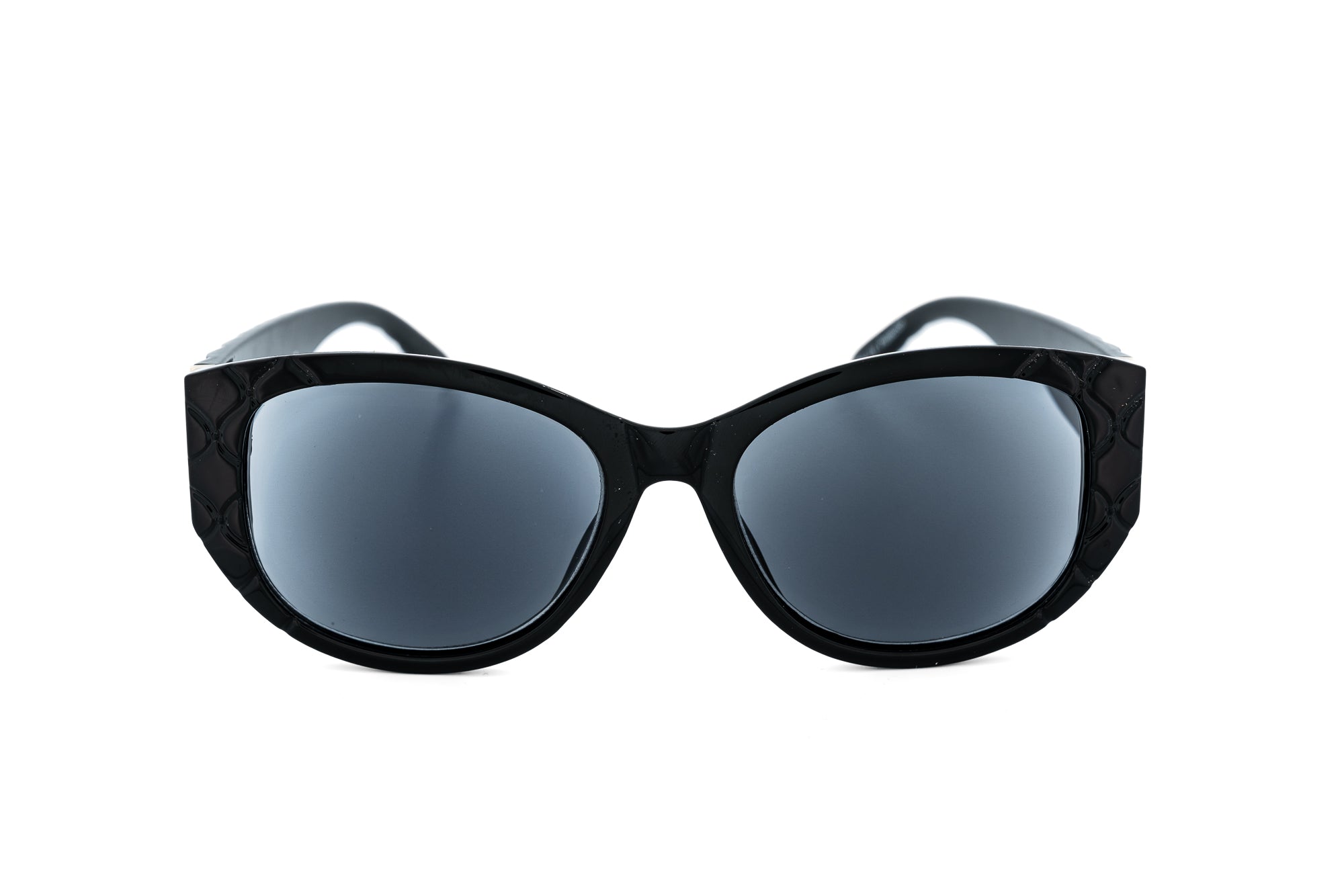 Elodie sun reader sunglasses by Bolero Eyewear with black quilted cat-eye frame and tinted UV lenses front angle view
