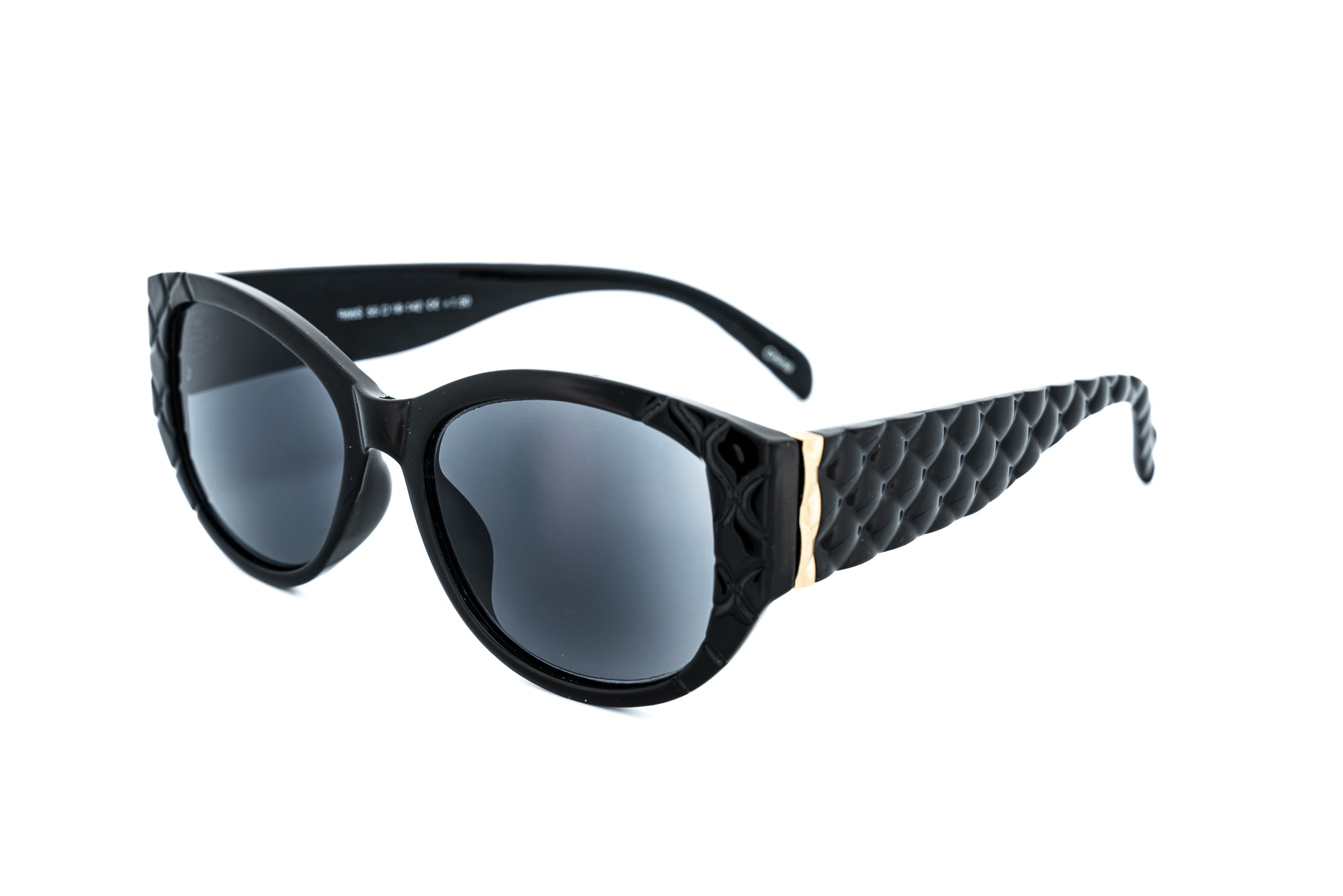Elodie sun reader sunglasses by Bolero Eyewear with black quilted cat-eye frame and tinted UV lenses