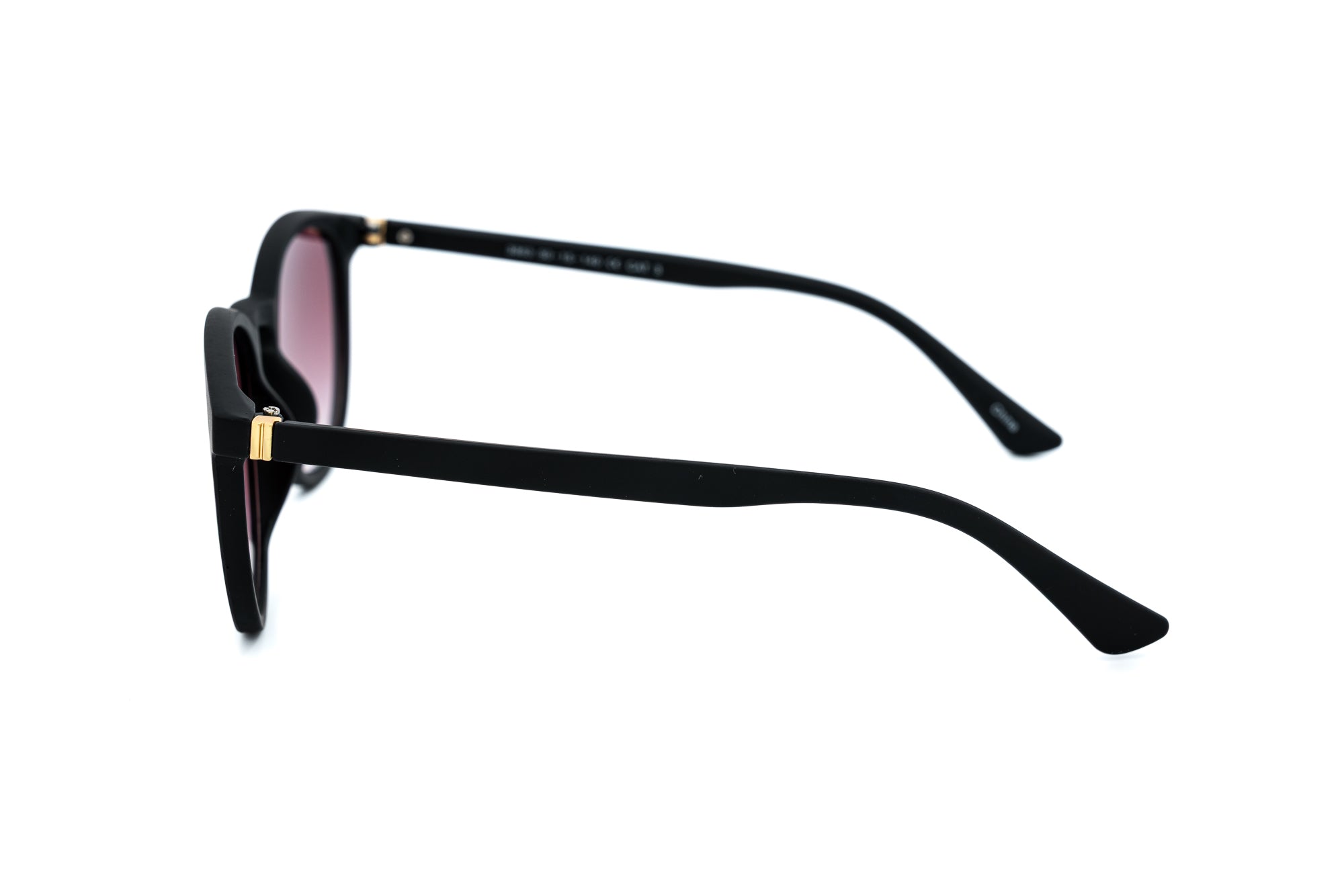 Elvaya by Bolero Eyewear Black round sunglasses with purple smoke gradient lenses side angle view