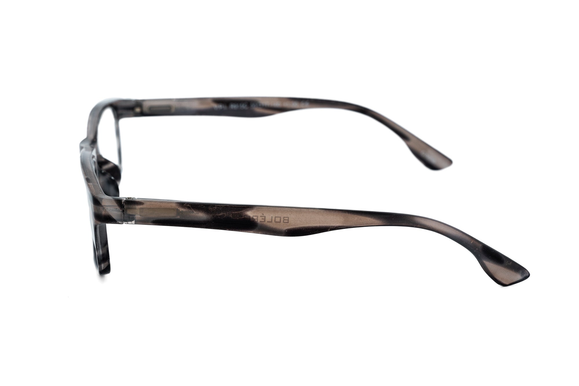 Fedorra by Bolero Eyewear gray rectangular reading glasses with lightweight marbled frame side angle view