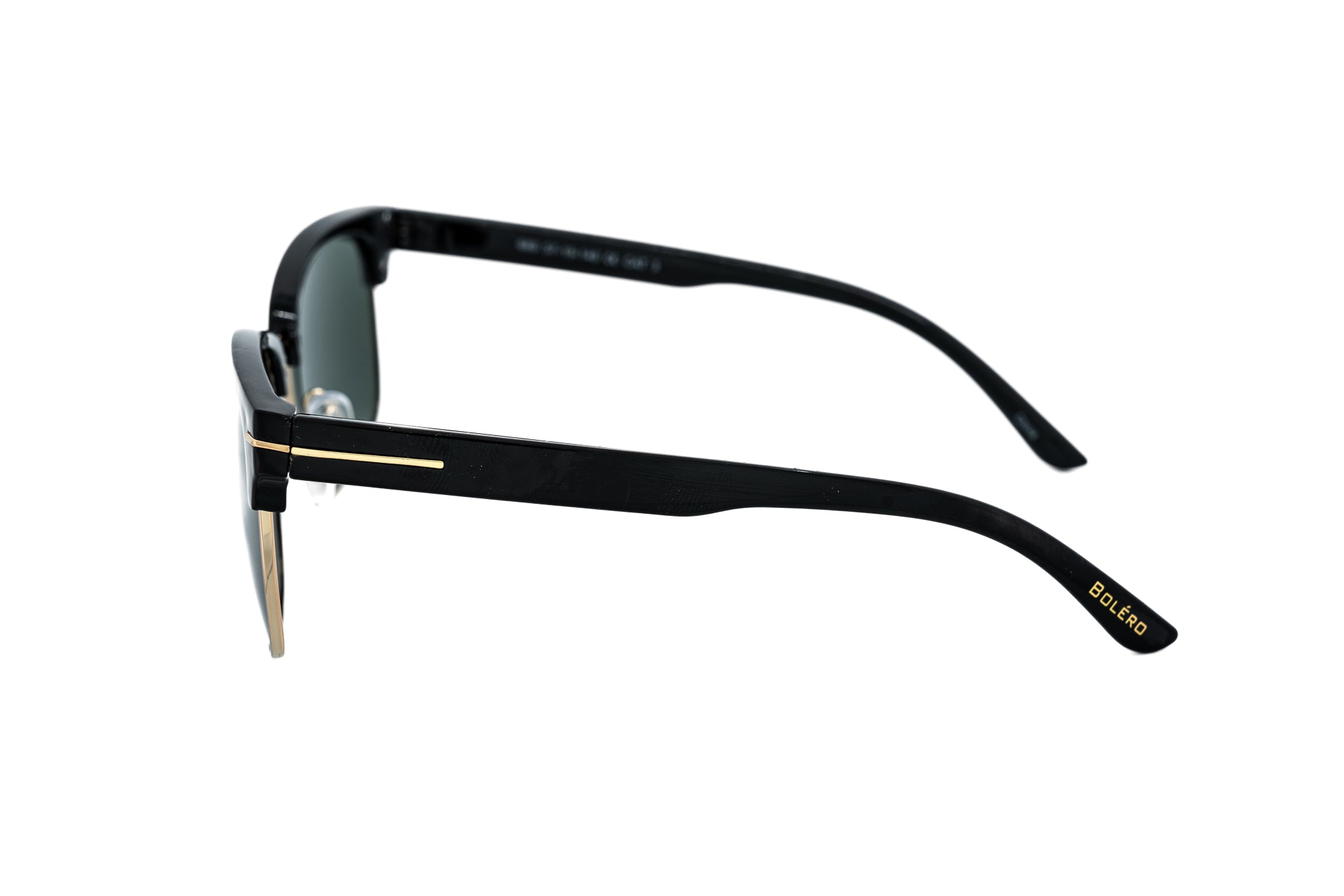 Hawthorne by Bolero Eyewear black browline sunglasses with G15 UV lenses and gold accents side angle view