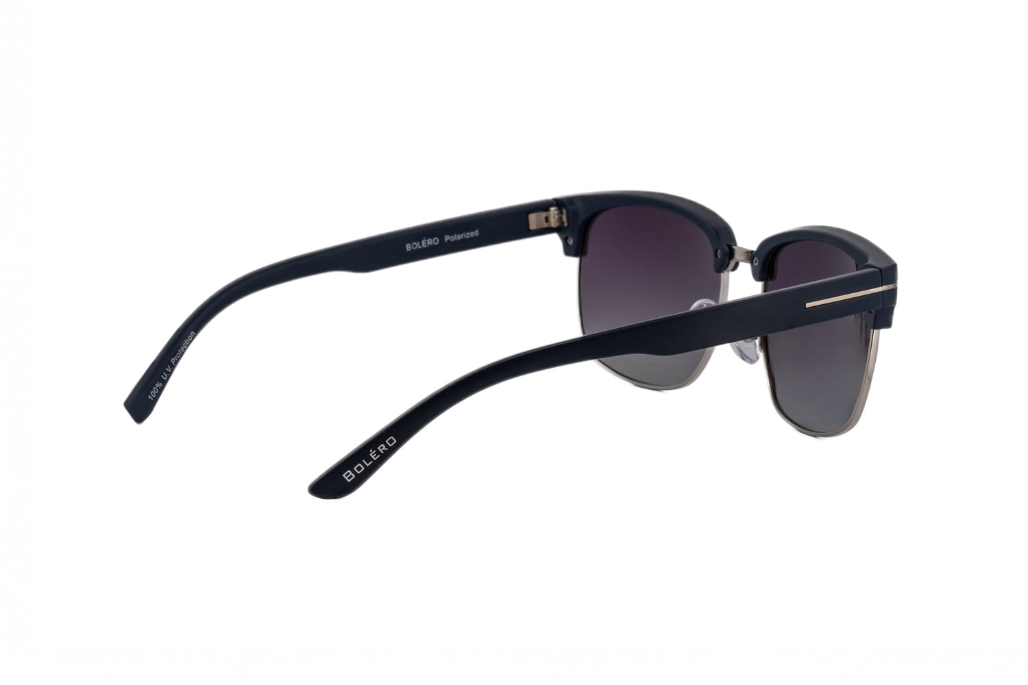 Hawthorne by Bolero Eyewear navy blue Clubmaster-style sunglasses with smoke gradient UV lenses rear three-quarter angle view
