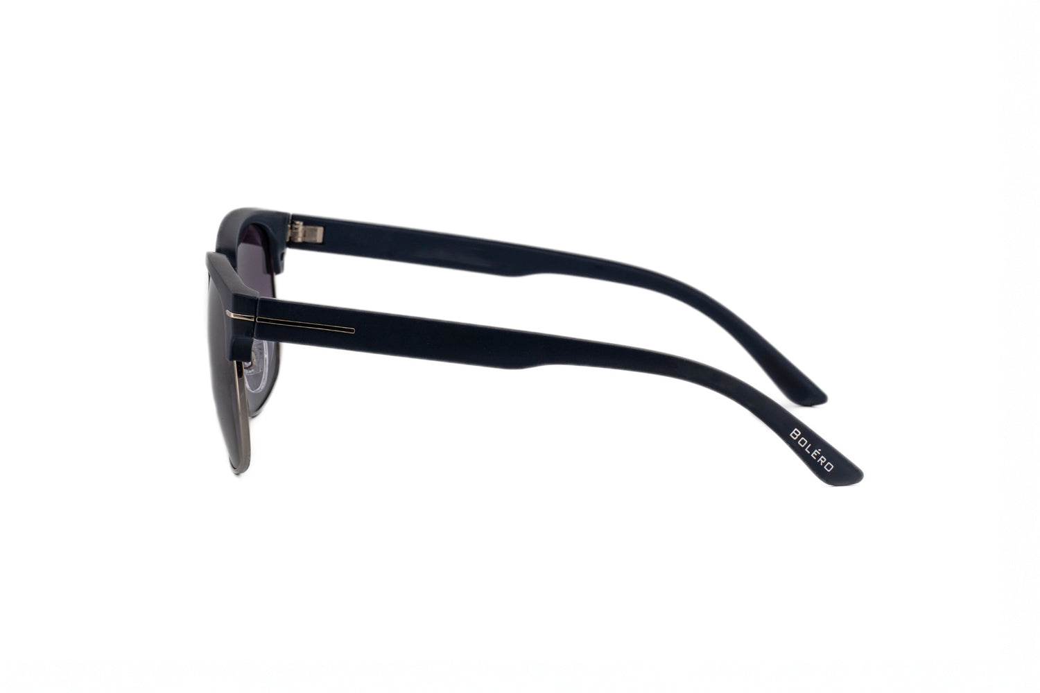 Hawthorne by Bolero Eyewear navy blue Clubmaster-style sunglasses with smoke gradient UV lenses side angle view