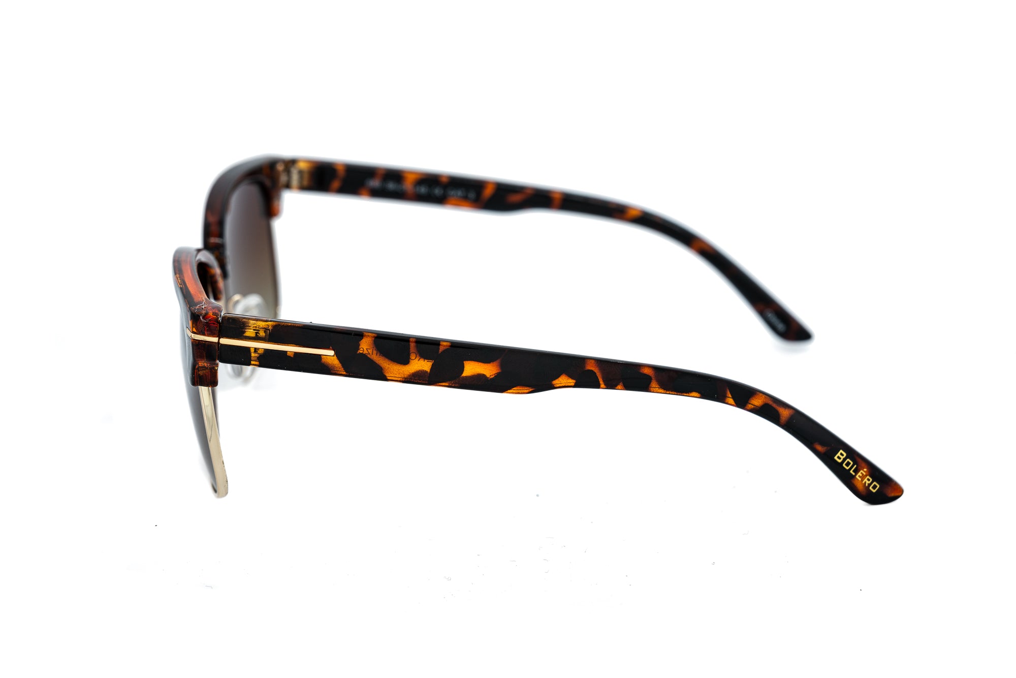 Hawthorne by Bolero Eyewear tortoise browline sunglasses with brown UV lenses and metal detailing side angle view