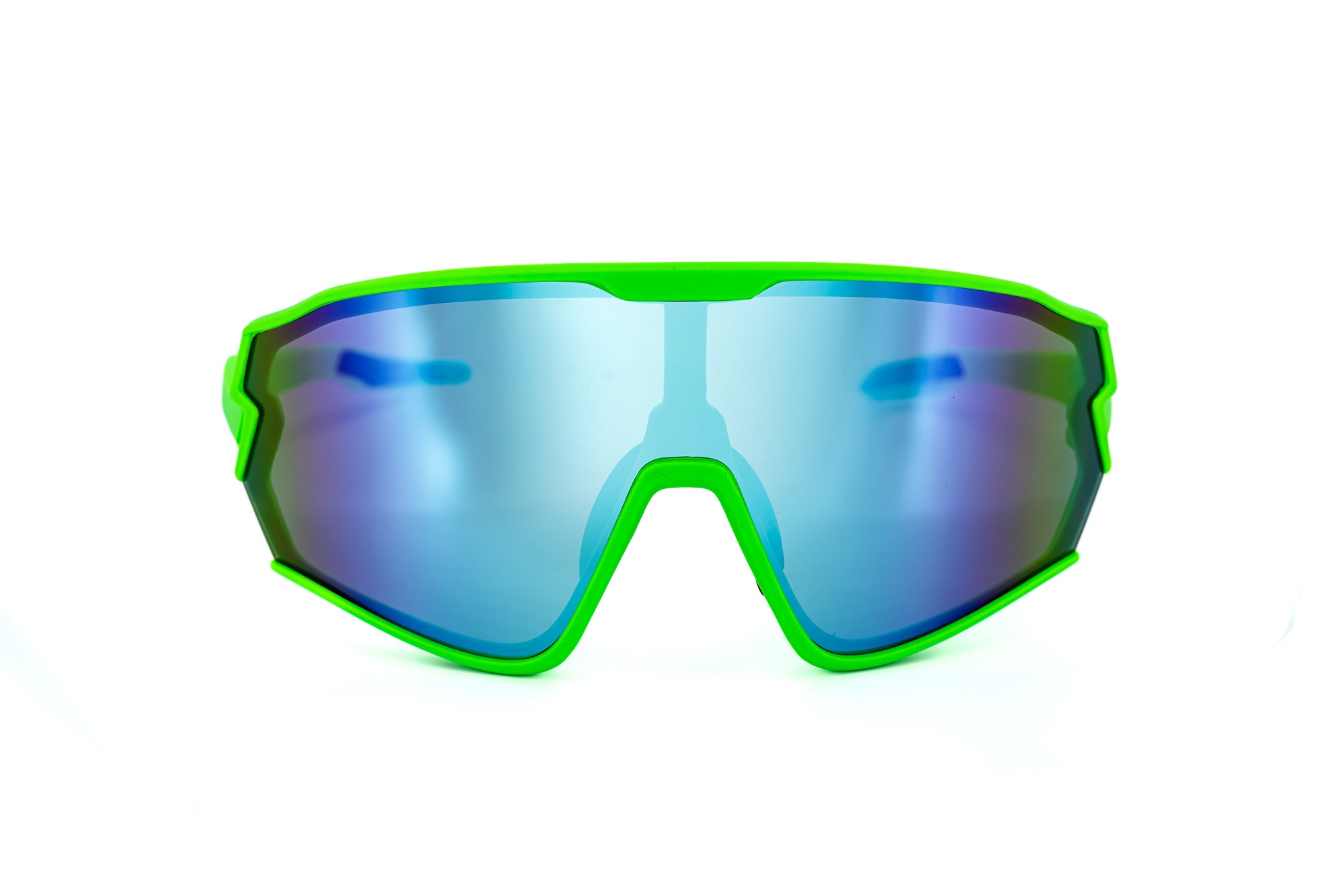 Ignite by Bolero Eyewear green wraparound performance sunglasses with blue mirrored shield lens front angle view