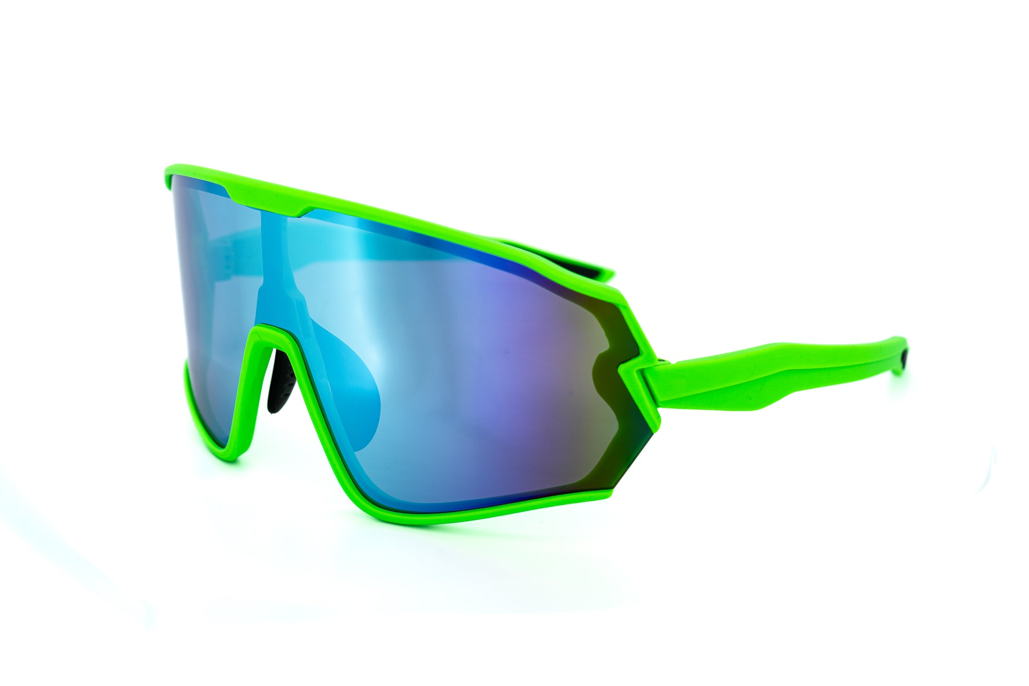 Ignite by Bolero Eyewear green wraparound performance sunglasses with blue mirrored shield lens