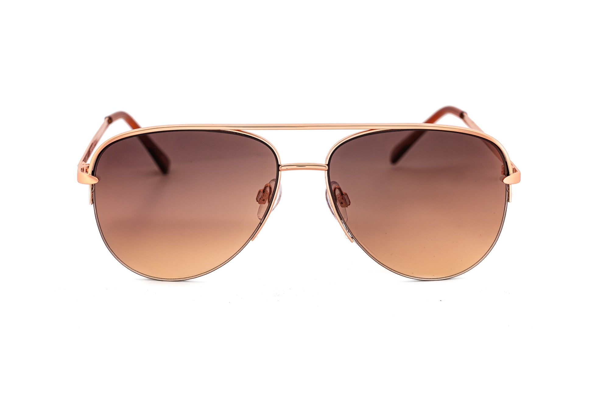 Isla by Bolero Eyewear rose gold aviator sunglasses with slim temples and brown gradient lenses front angle view