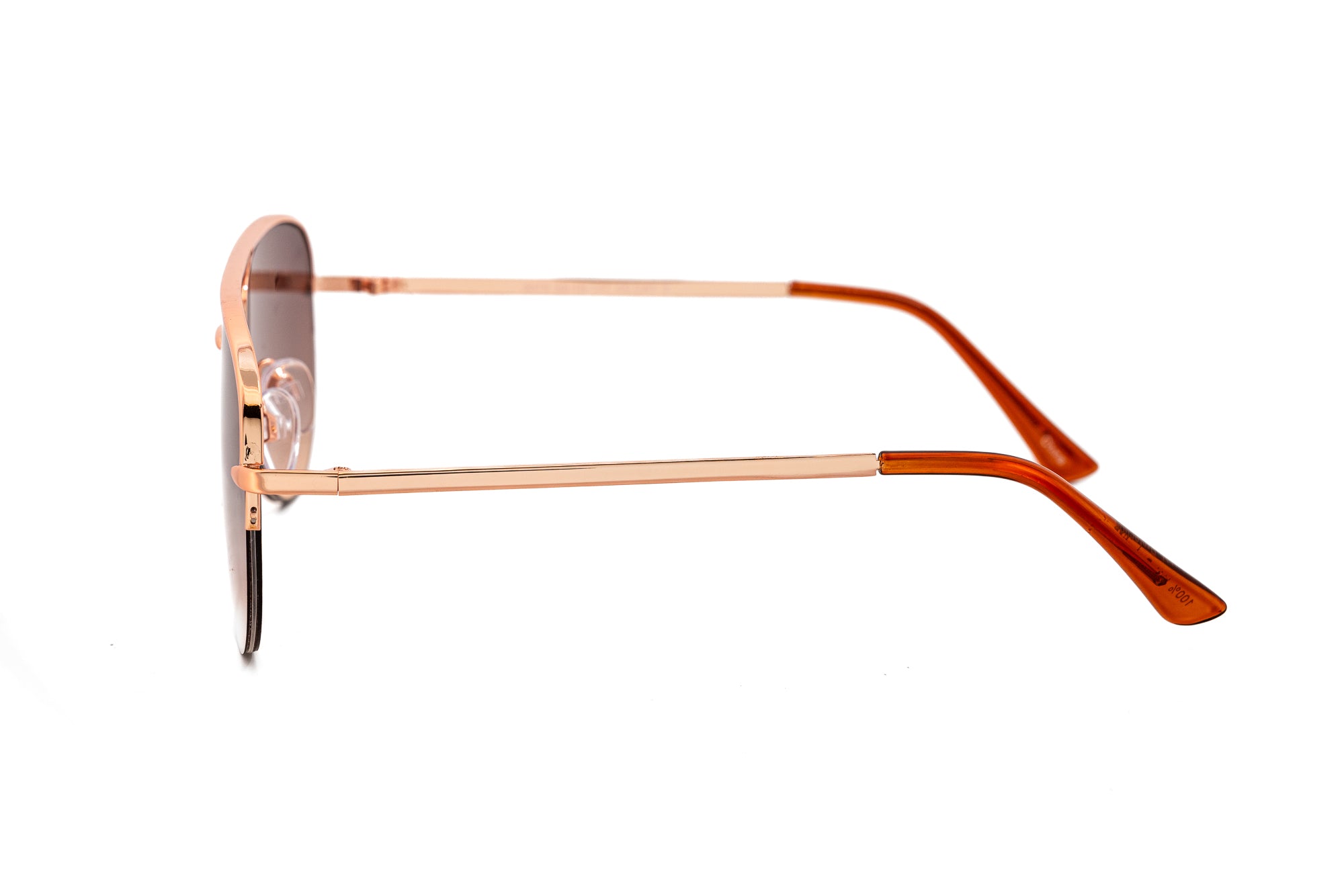 Isla by Bolero Eyewear rose gold aviator sunglasses with slim temples and brown gradient lenses side angle view