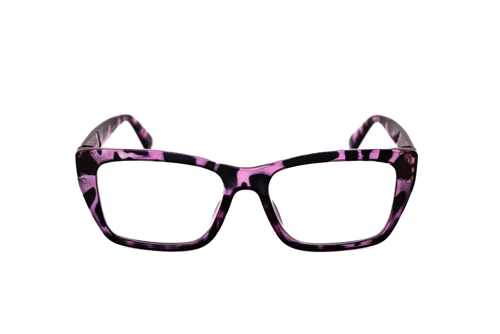Isolde by Bolero Eyewear purple Tortoise rectangular polycarbonate reading glasses front angle view