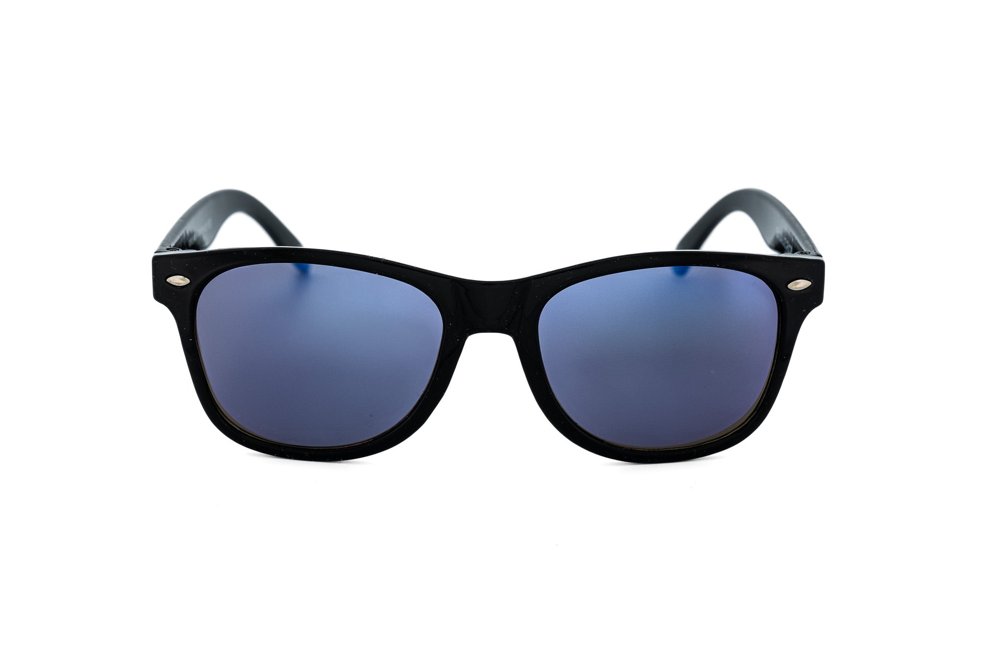 Jorrell by Bolero Eyewear black frame kids sunglasses with blue mirror UV lenses front angle view