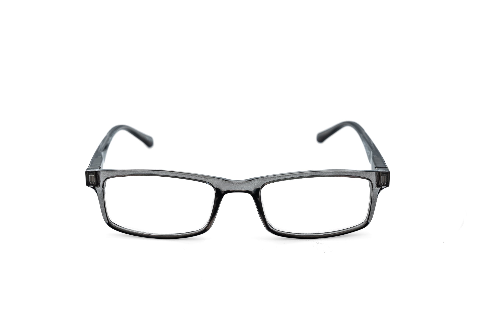 Kingswell rectangular readers in smoky crystal grey with slim temple detailing front angle view