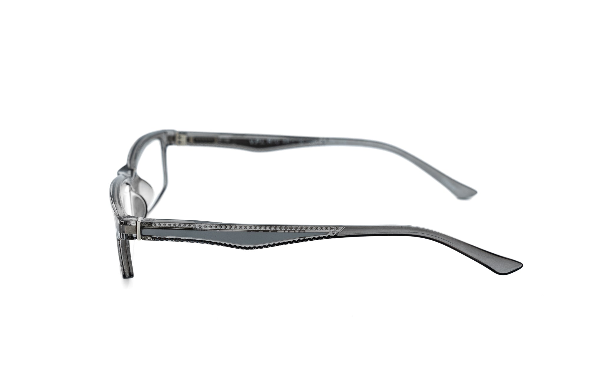 Kingswell rectangular readers in smoky crystal grey with slim temple detailing side angle view