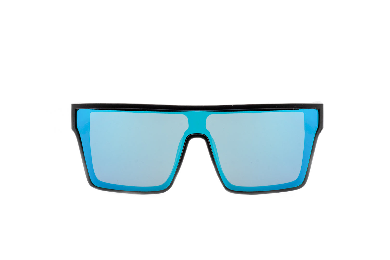 Liam by Bolero Eyewear black angular sunglasses with mirrored shield lens front angle view