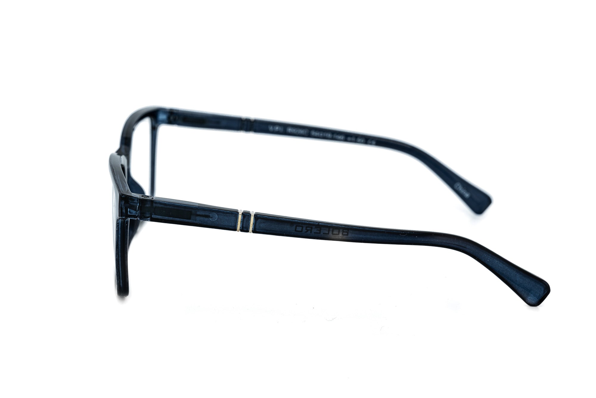 Lucien by Bolero Eyewear rectangular reading glasses in blue polycarbonate frame with subtle metal accents side angle view