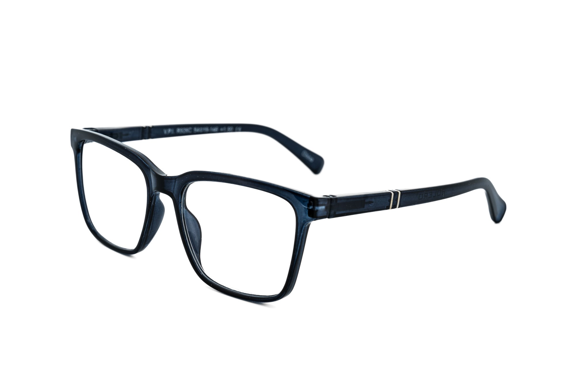 Lucien by Bolero Eyewear rectangular reading glasses in blue polycarbonate frame with subtle metal accents