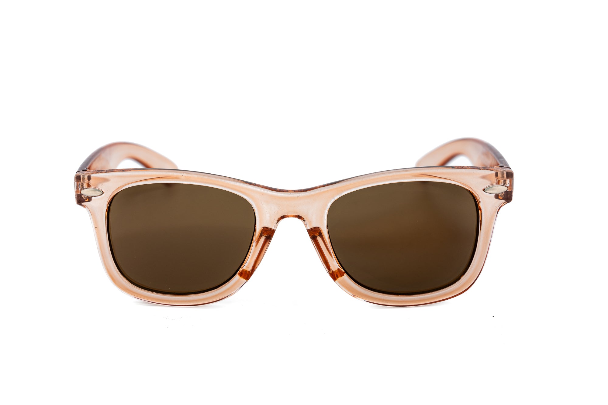 Lumo by Bolero Eyewear kids sunglasses with translucent pink frame and brown UV lenses front angle view