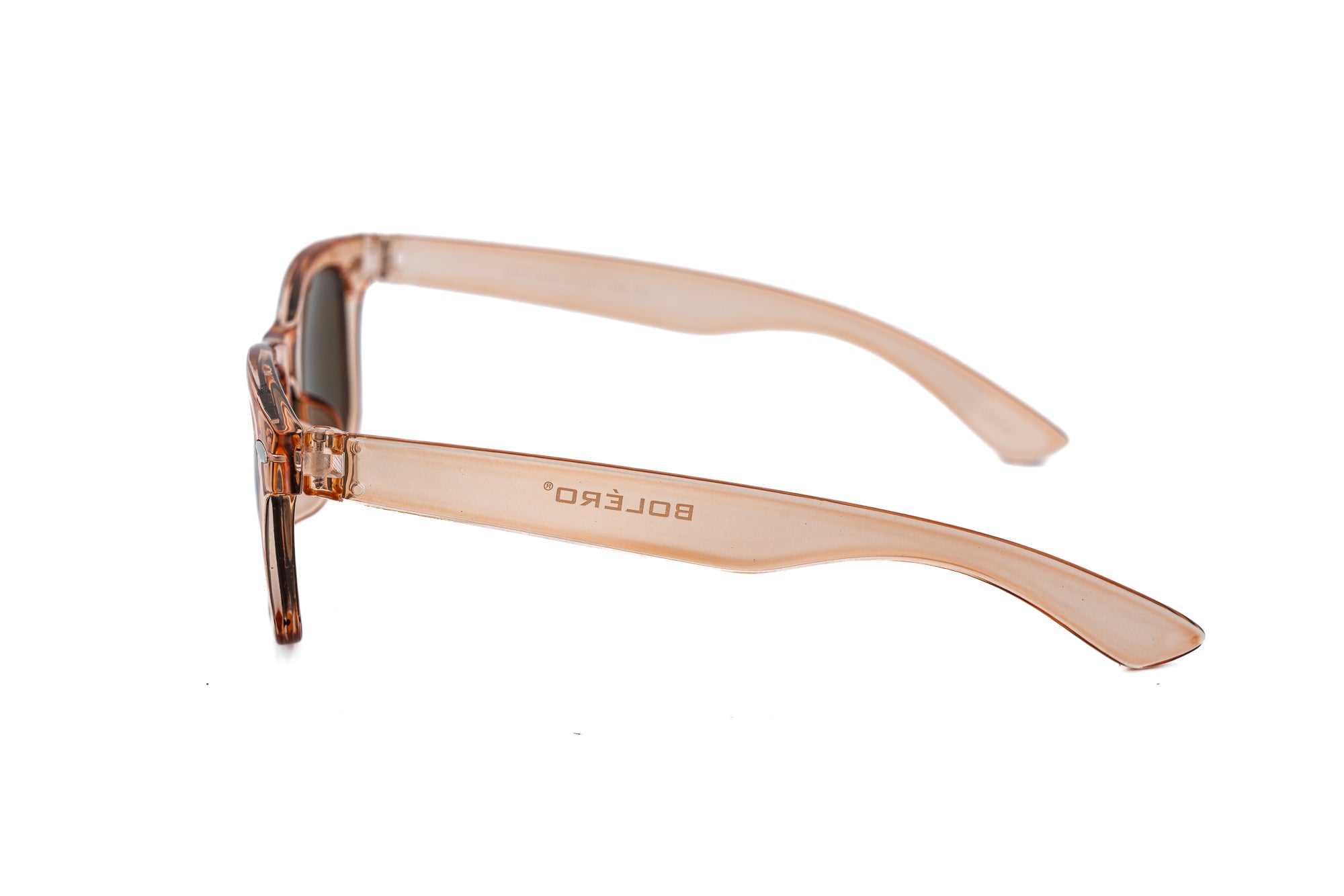 Lumo by Bolero Eyewear kids sunglasses with translucent pink frame and brown UV lenses side angle view