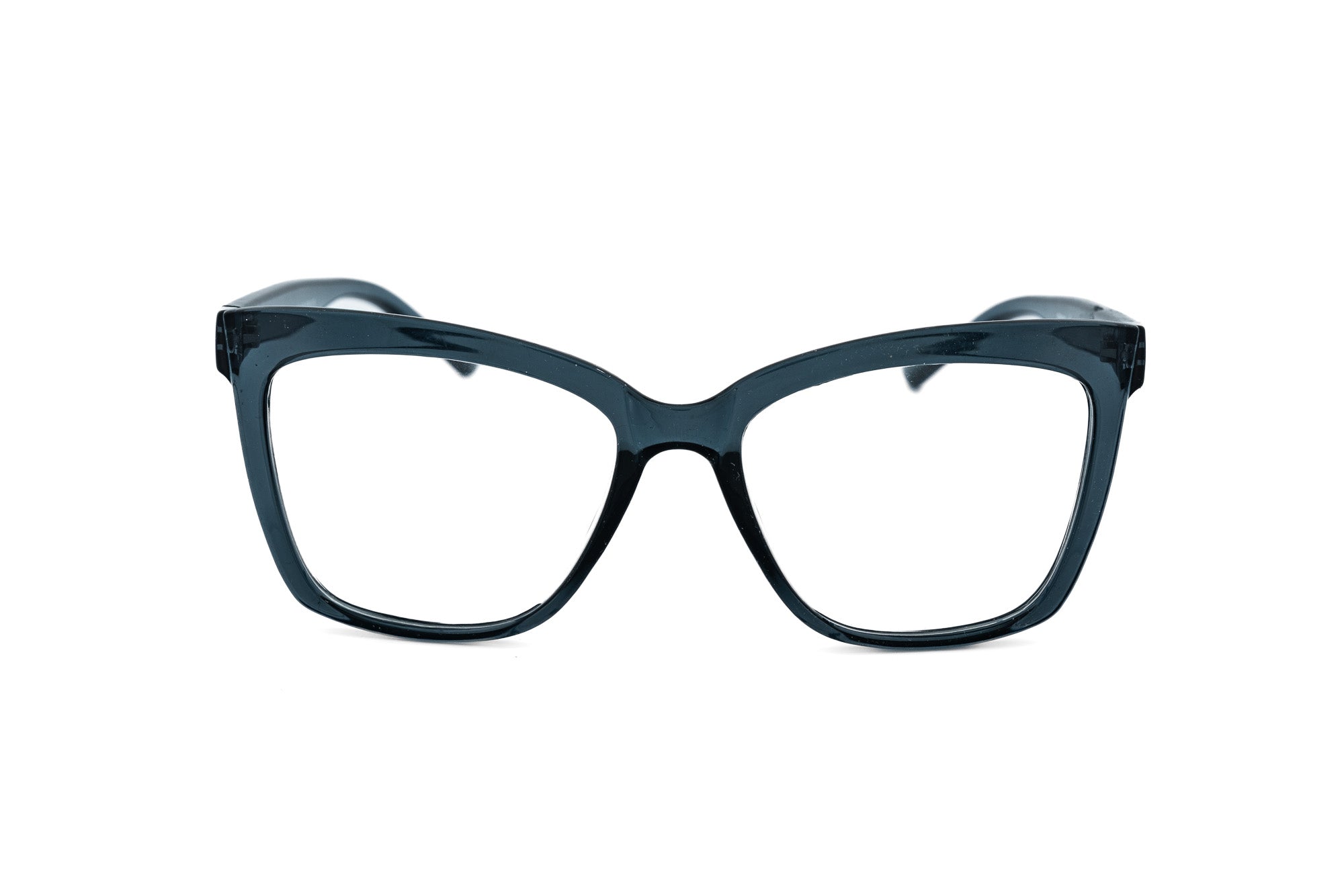 Lunara by Bolero Eyewear translucent blue cat-eye reading glasses with upswept silhouette front angle view