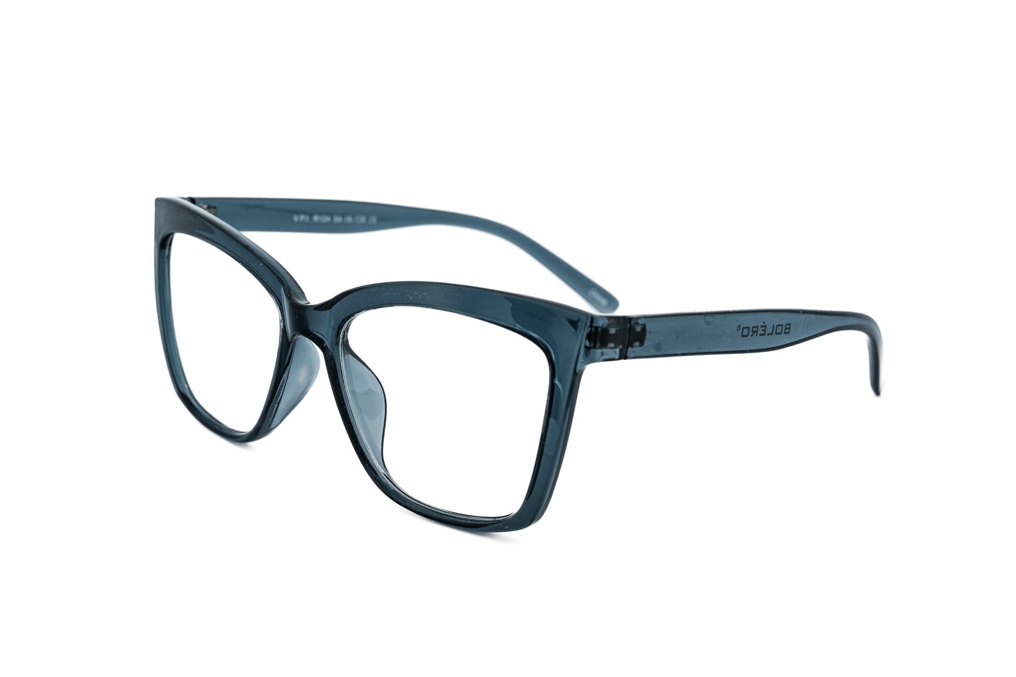 Lunara by Bolero Eyewear translucent blue cat-eye reading glasses with upswept silhouette