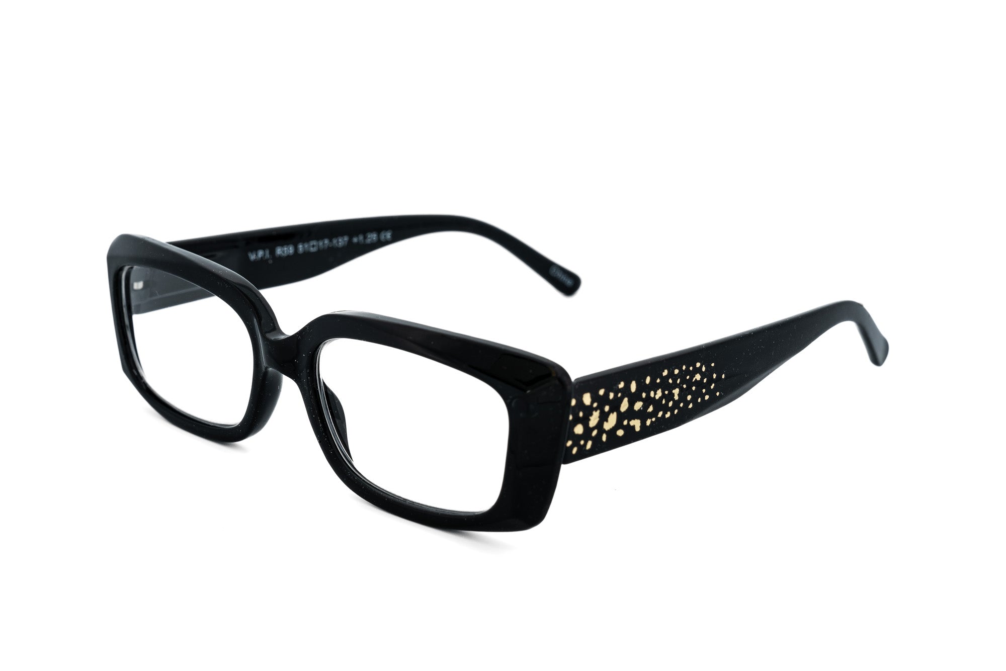 Lunetta by Bolero Eyewear black rectangular reading glasses with metallic gold temple accents