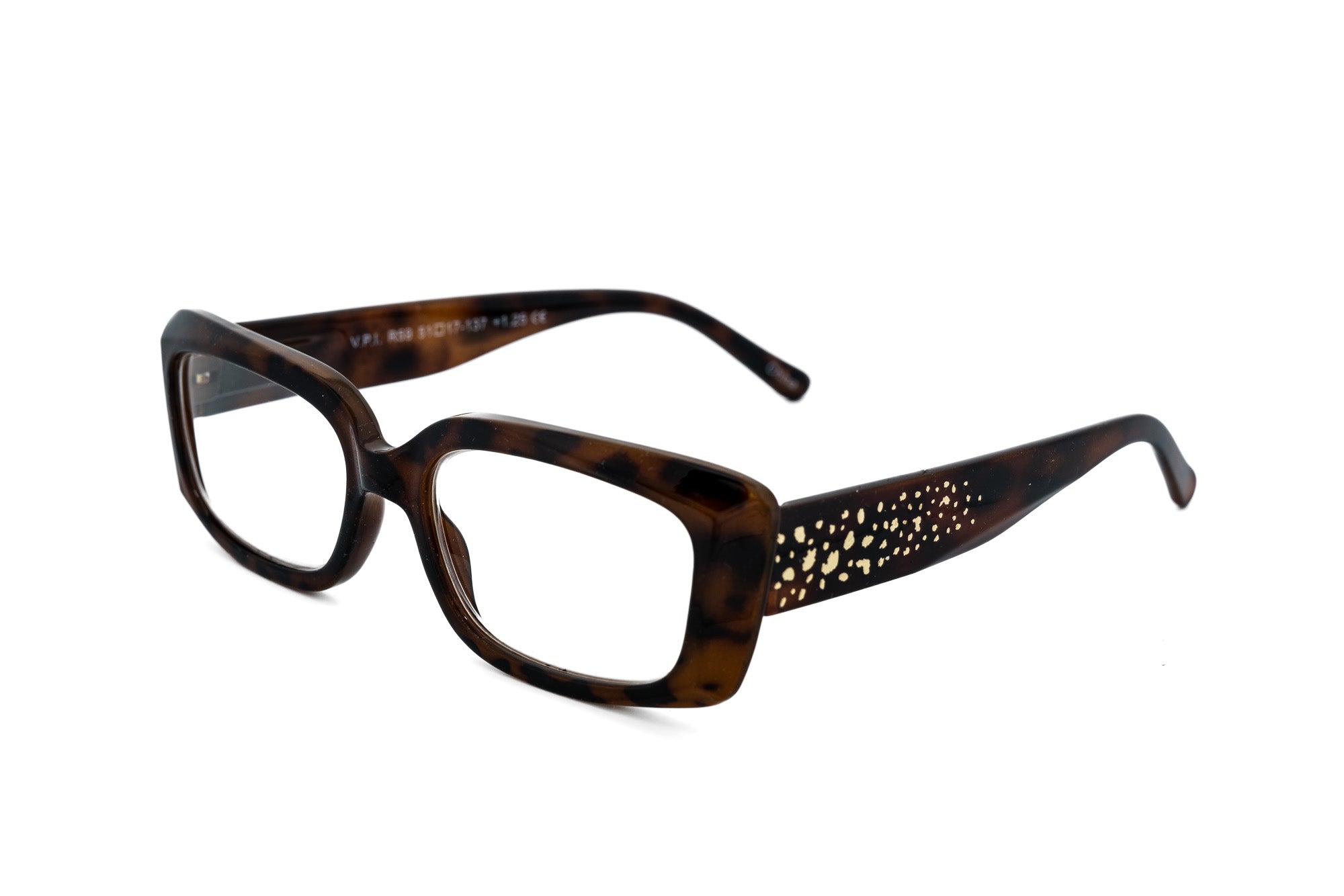 Lunetta by Bolero Eyewear rectangular reading glasses in tortoise with shimmering metallic dot detailing