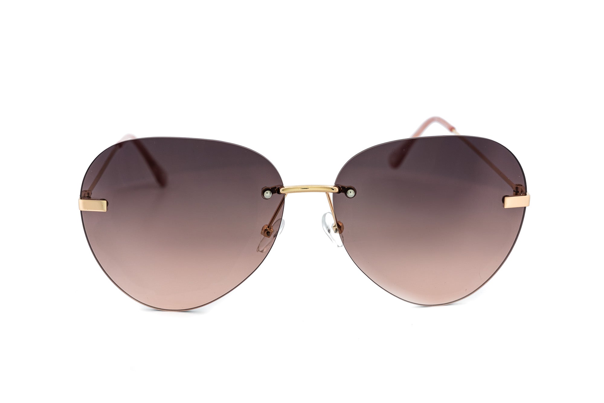 Luxe by Bolero Eyewear gold rimless sunglasses with rose gradient lenses and lightweight metal temples front angle view