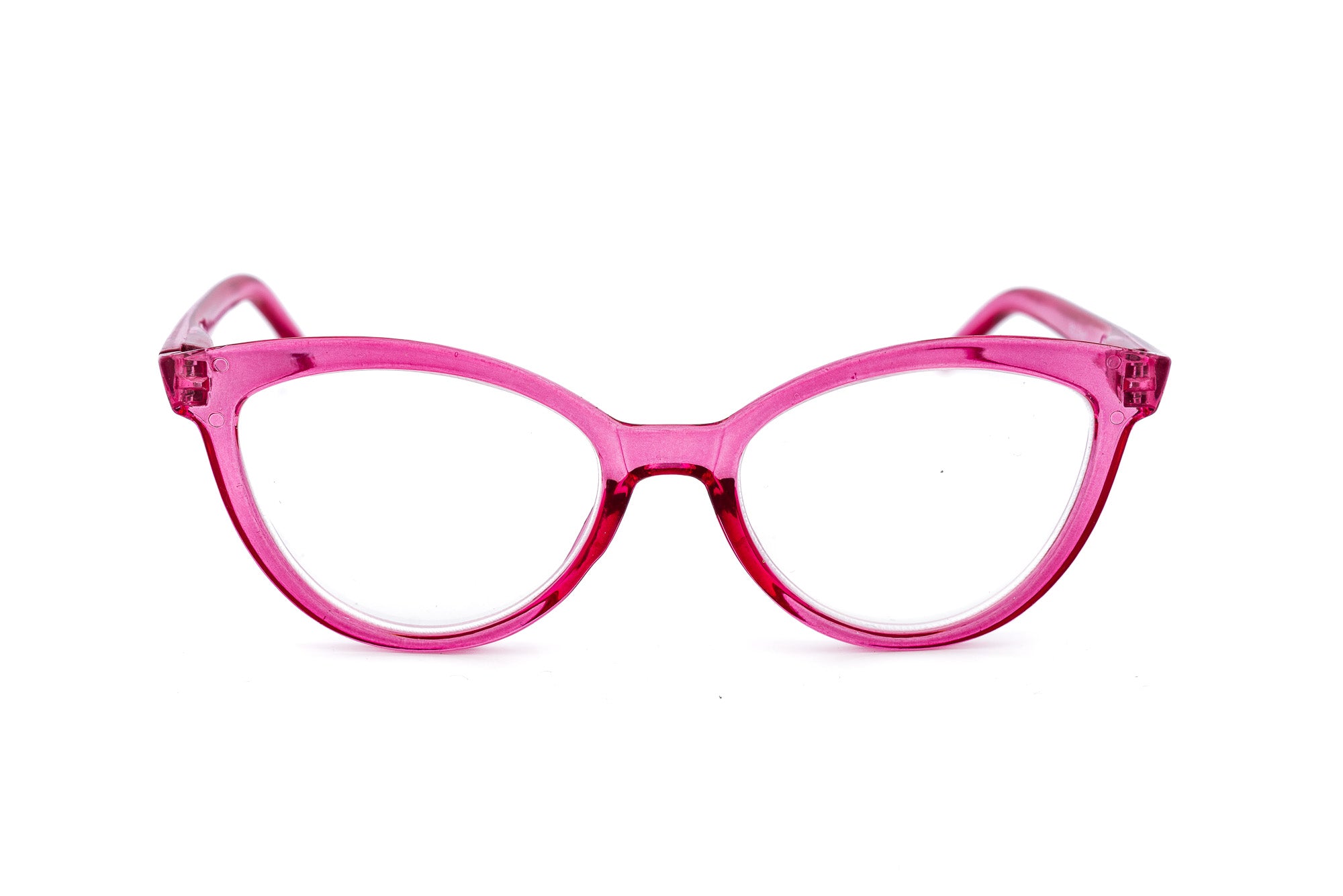 Marenza by Bolero Eyewear pink translucent cat-eye reading glasses with lightweight frame front angle view