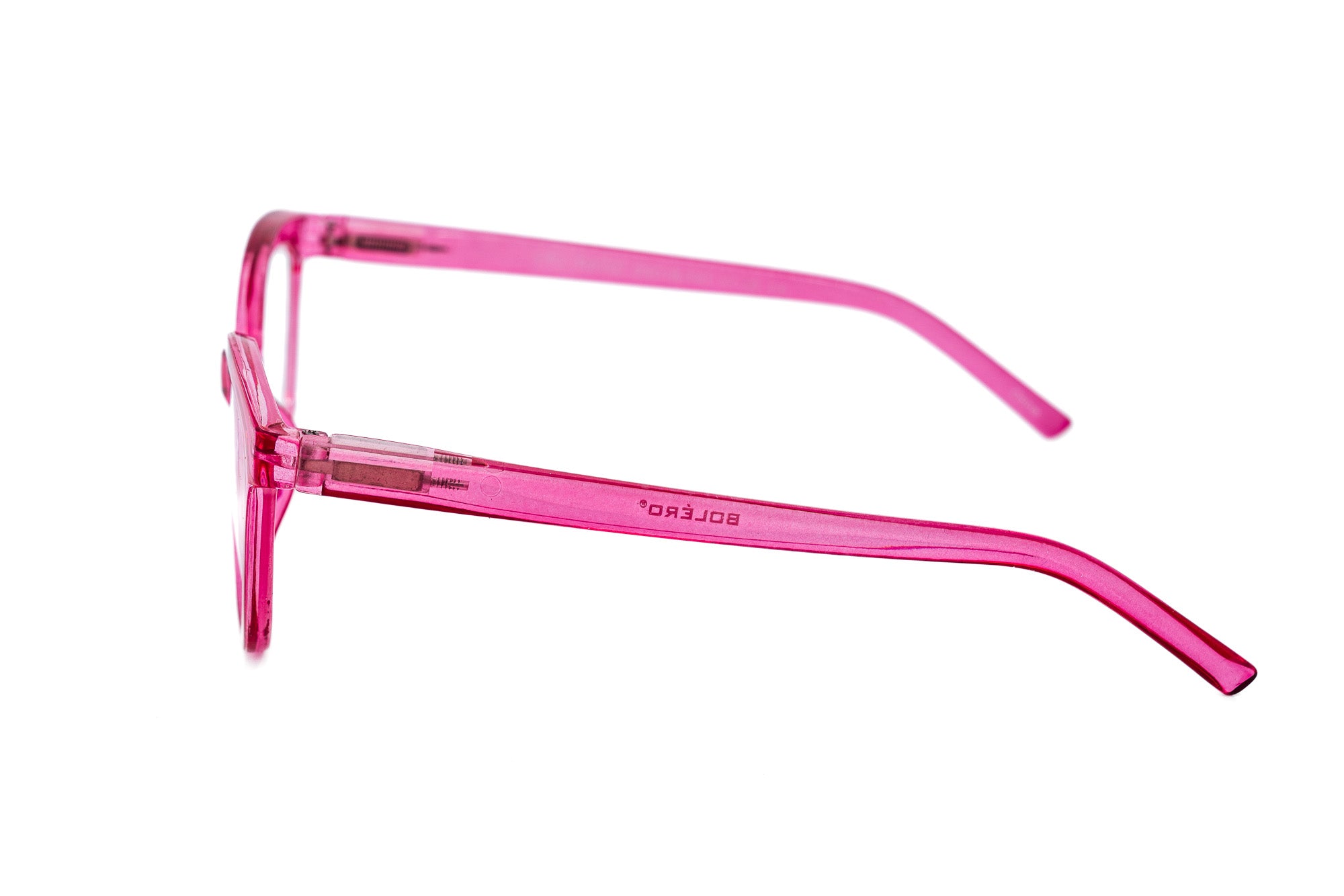 Marenza by Bolero Eyewear pink translucent cat-eye reading glasses with lightweight frame side angle view