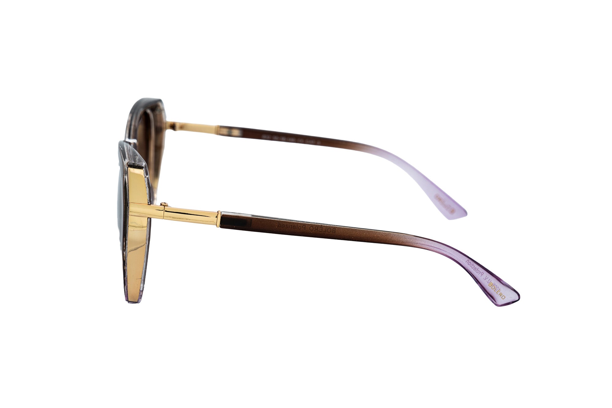 Marian by Bolero Eyewear oversized sunglasses with polarized brown gradient lenses and clear-purple frame side angle view