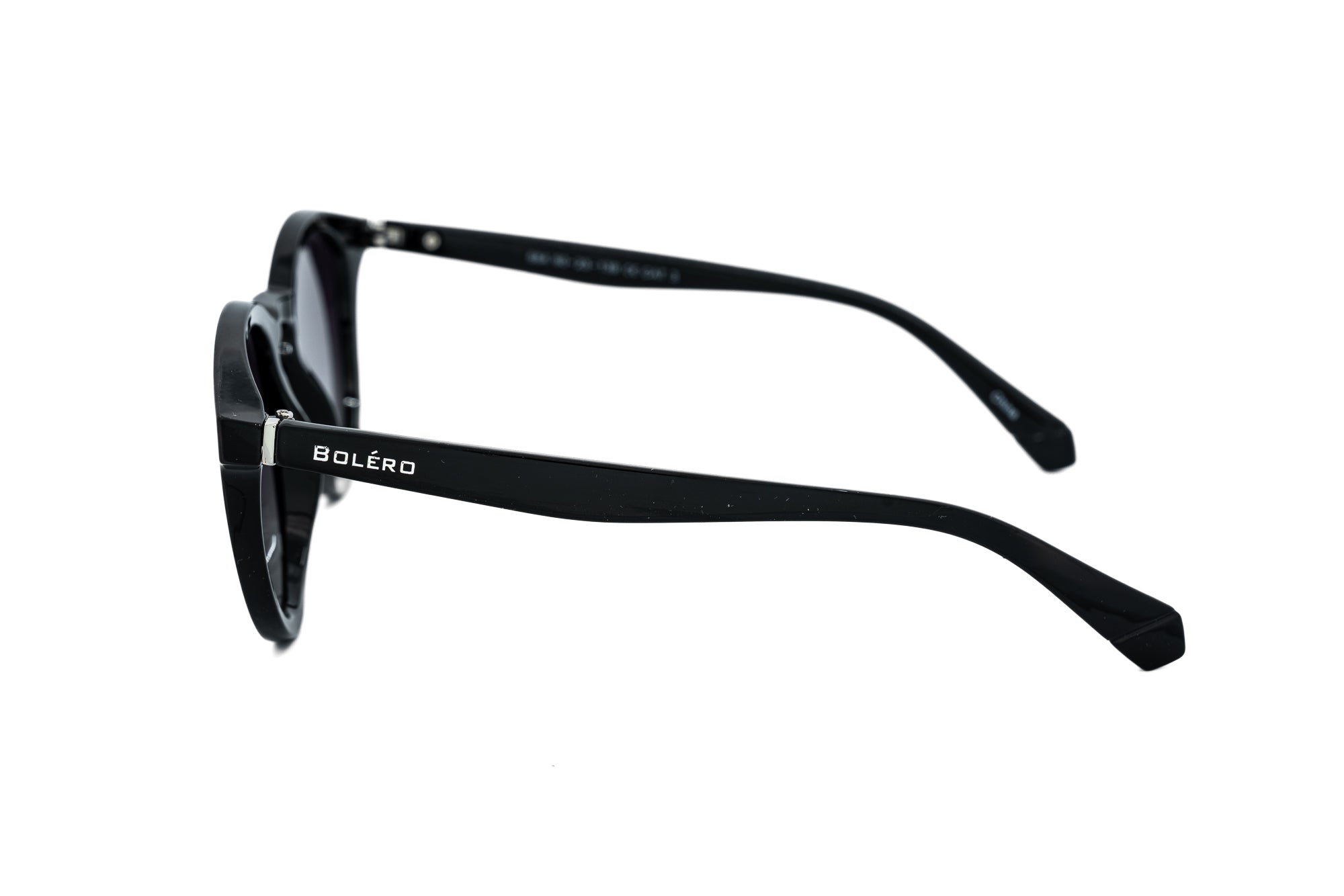 Maribel by Bolero Eyewear rounded black sunglasses with polarized UV lenses side angle view