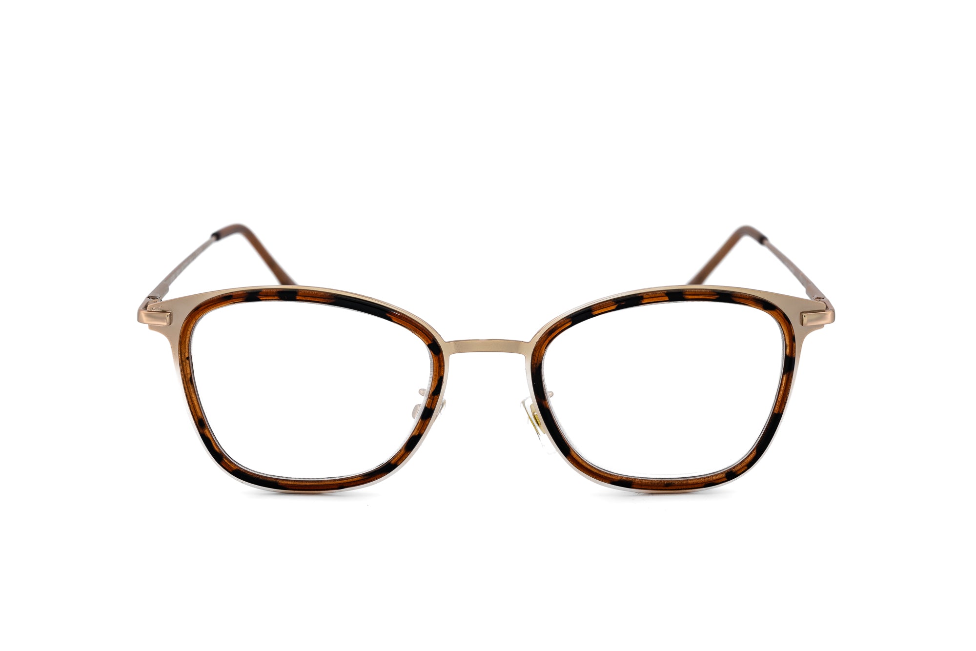 Marlowe tortoise brown reading glasses with geometric frame and lightweight metal temples by Bolero Eyewear front angle view