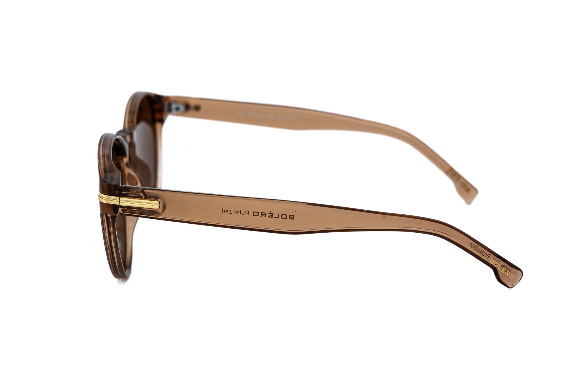 Amber brown Marone sunglasses with rounded polycarbonate frame and gold detailing side angle view