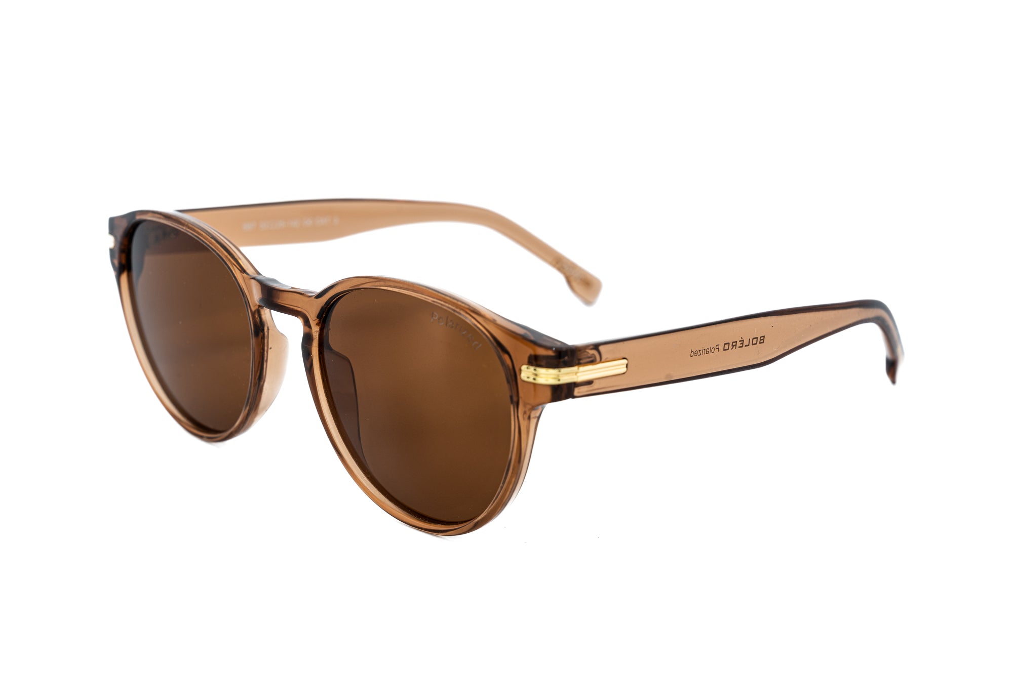 Amber brown Marone sunglasses with rounded polycarbonate frame and gold detailing