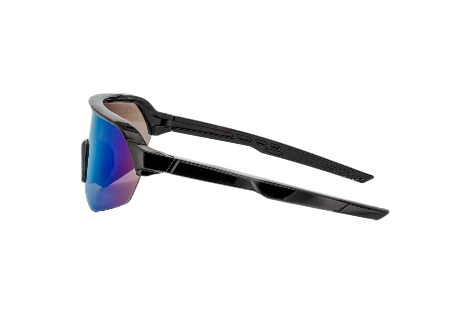Maxx by Bolero Eyewear black wraparound sunglasses with mirrored shield lens side angle view