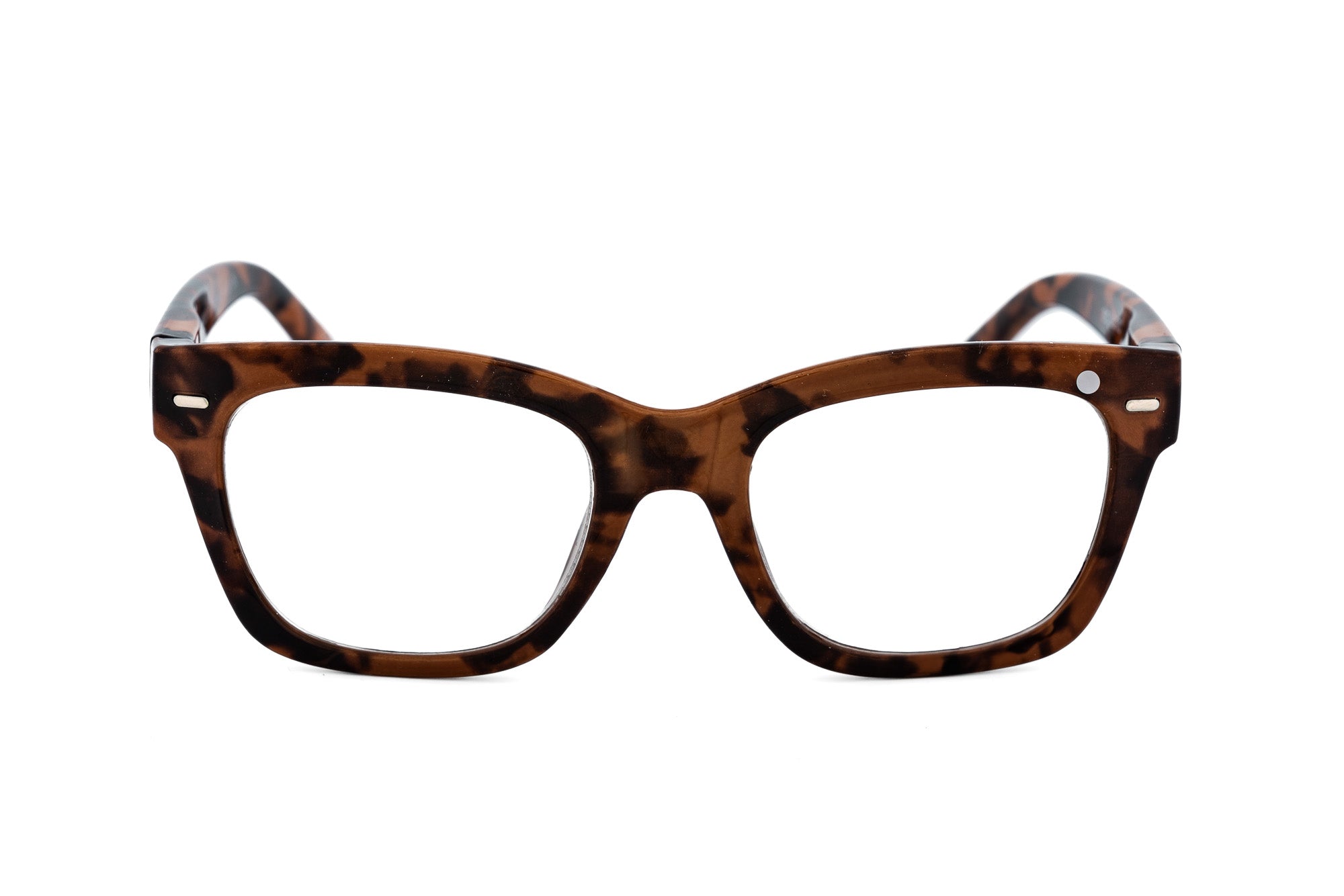 Melwood tortoise square reading glasses with sculpted acetate frame by Bolero Eyewear front angle view