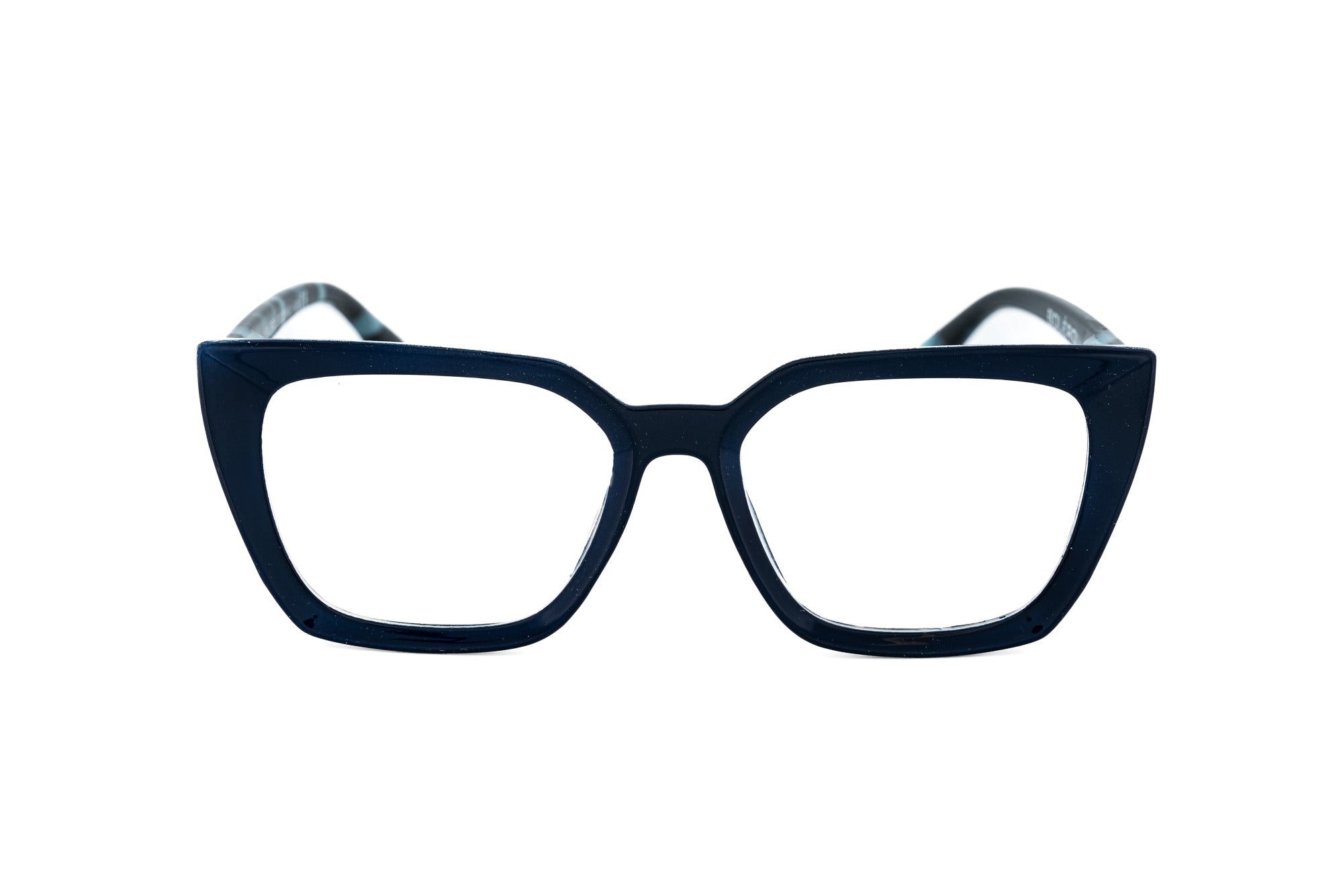 Midnight blue cat-eye reading glasses with marbled aqua acetate temples by Bolero Eyewear front angle view