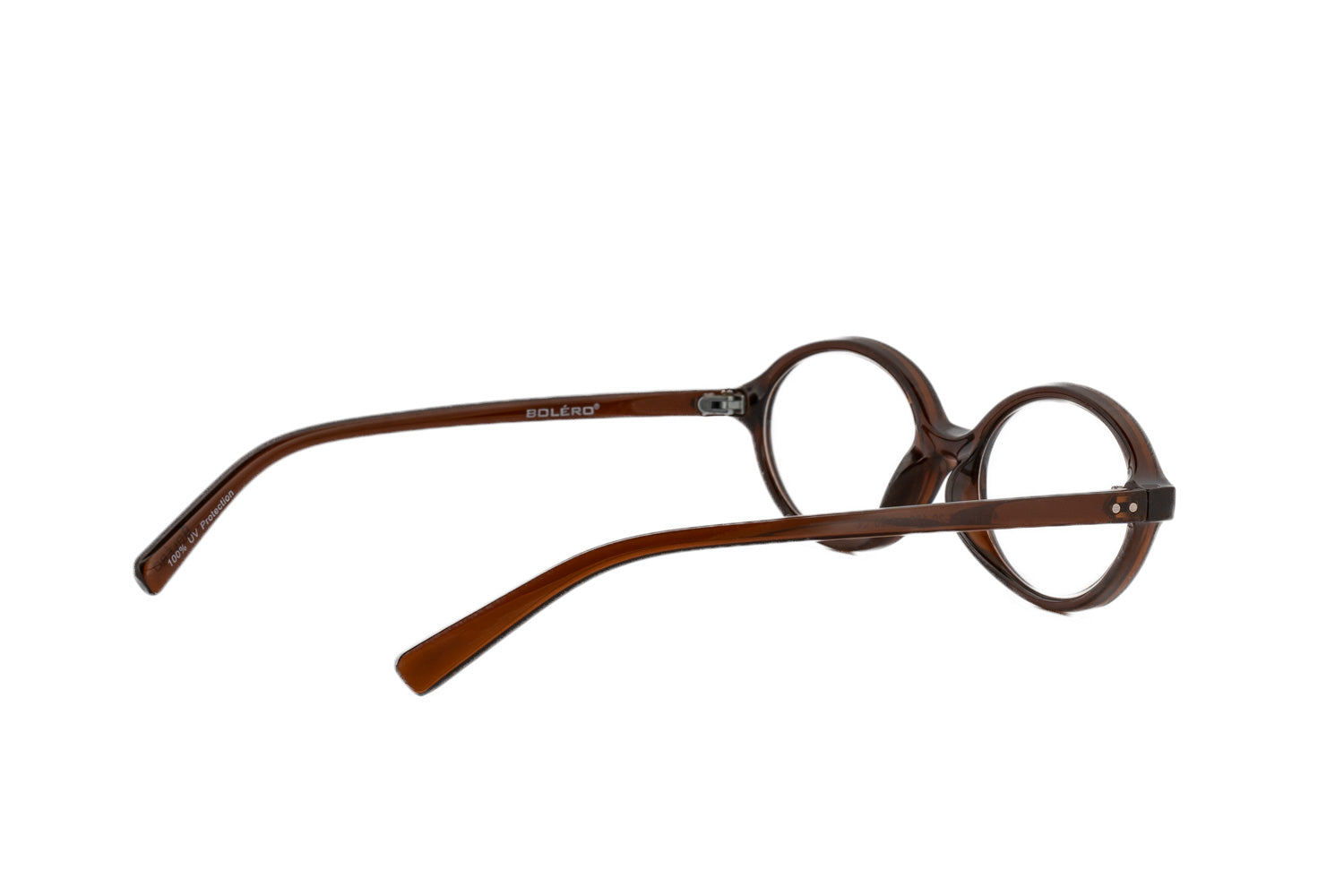 Milo amber brown oval reading glasses with lightweight crystal frame and flexible fit rear three-quarter angle view