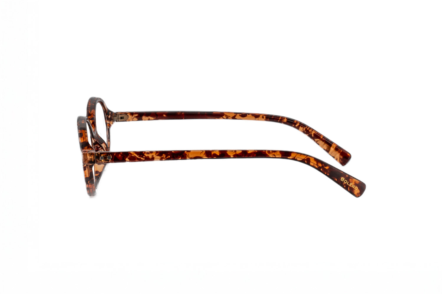 Milo amber tortoise oval reading glasses by Bolero Eyewear with crystal frame and metal core temples side angle view