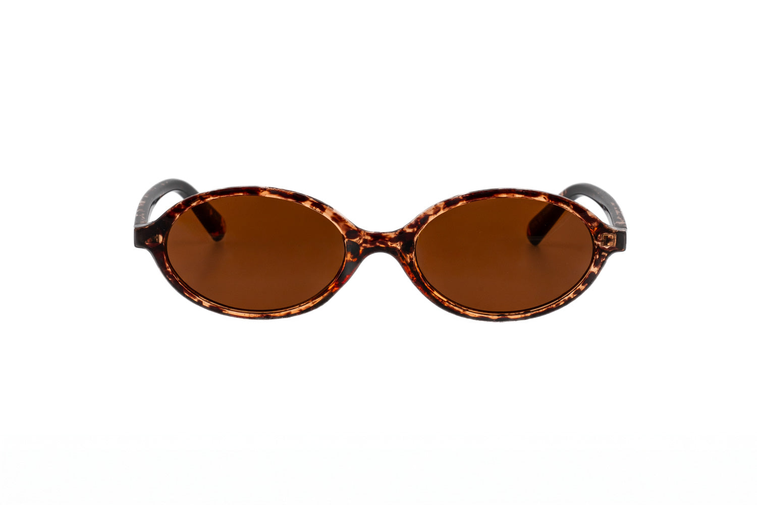 Milo amber tortoise oval sunglasses by Bolero Eyewear with brown UV lenses and crystal pattern frame front angle view