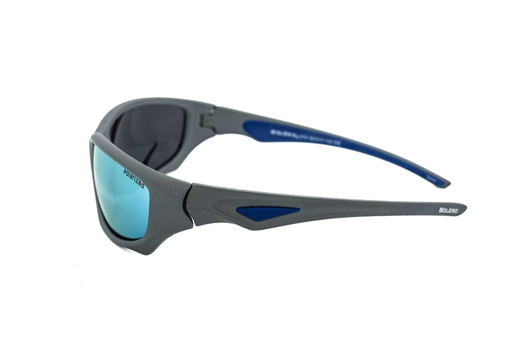Montclair by Bolero Eyewear polarized wraparound sport sunglasses in gray frame with mirror lenses side angle view