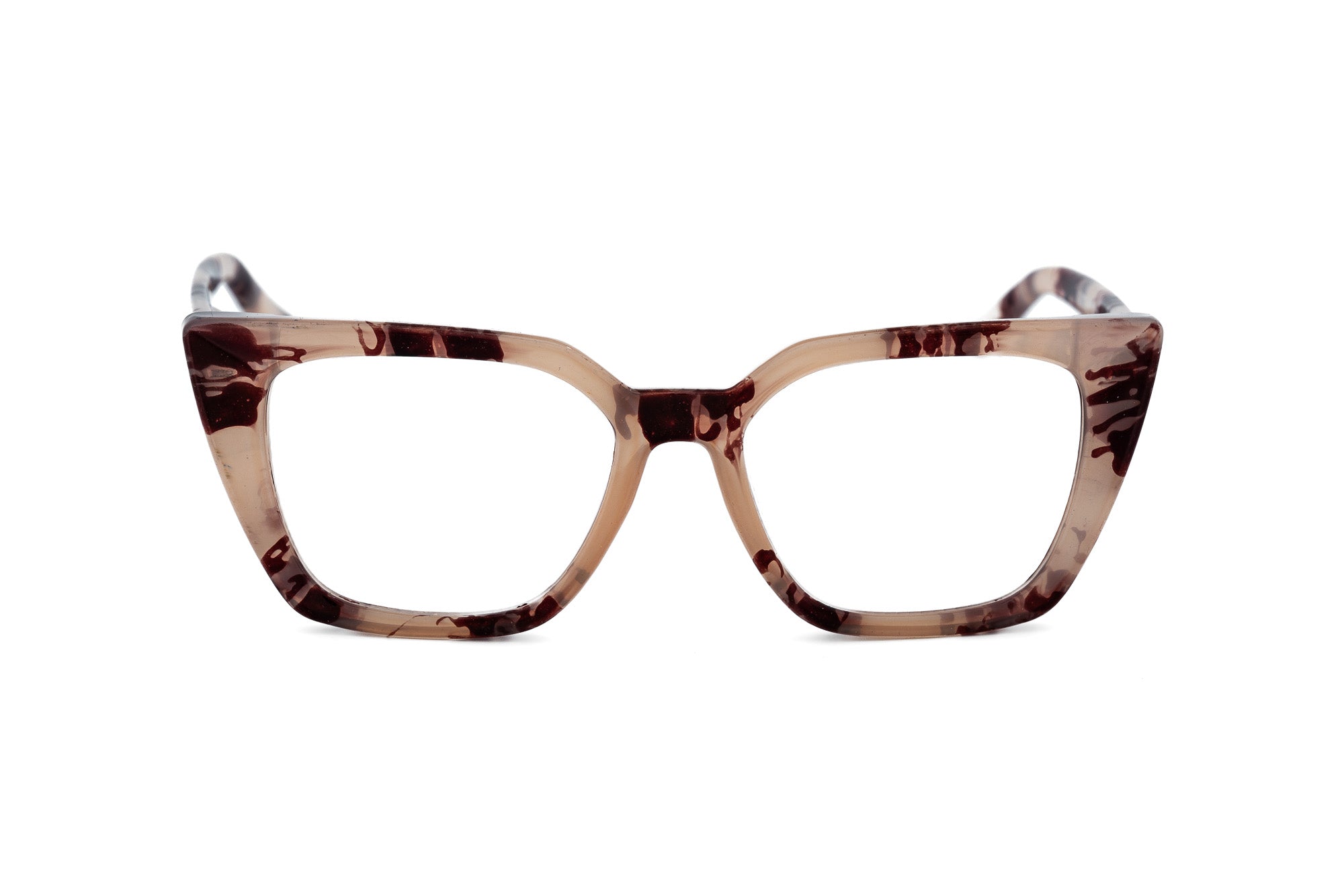 Noctelle beige tortoise geometric cat-eye reading glasses with translucent marbled acetate front angle view