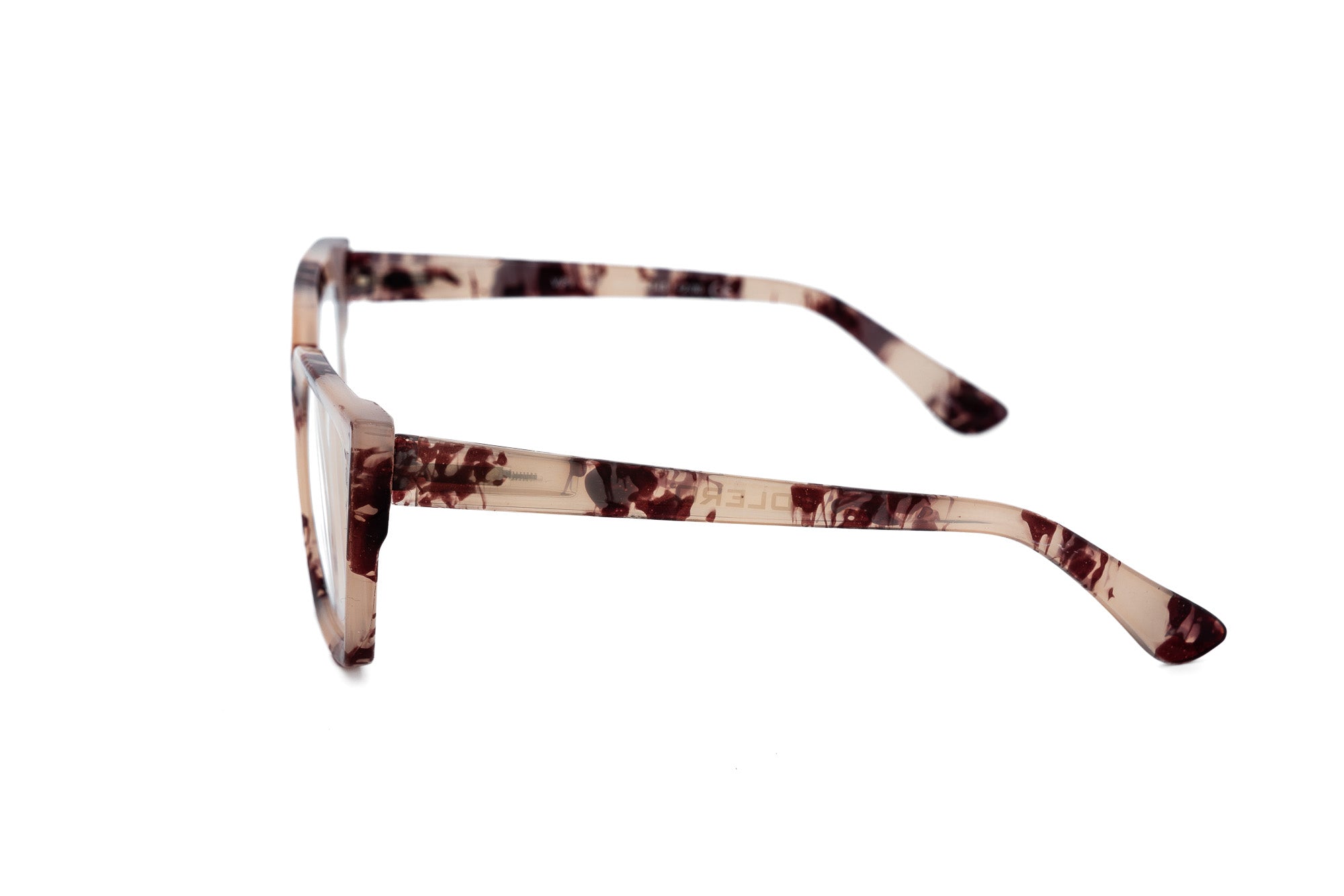 Noctelle beige tortoise geometric cat-eye reading glasses with translucent marbled acetate side angle view