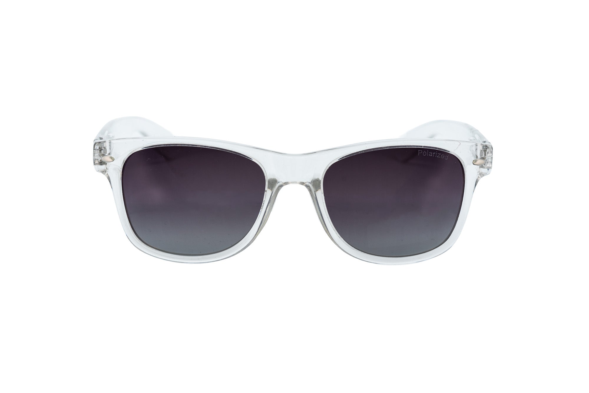 Norvan clear crystal frame polarized sunglasses with gray UV lenses front angle view