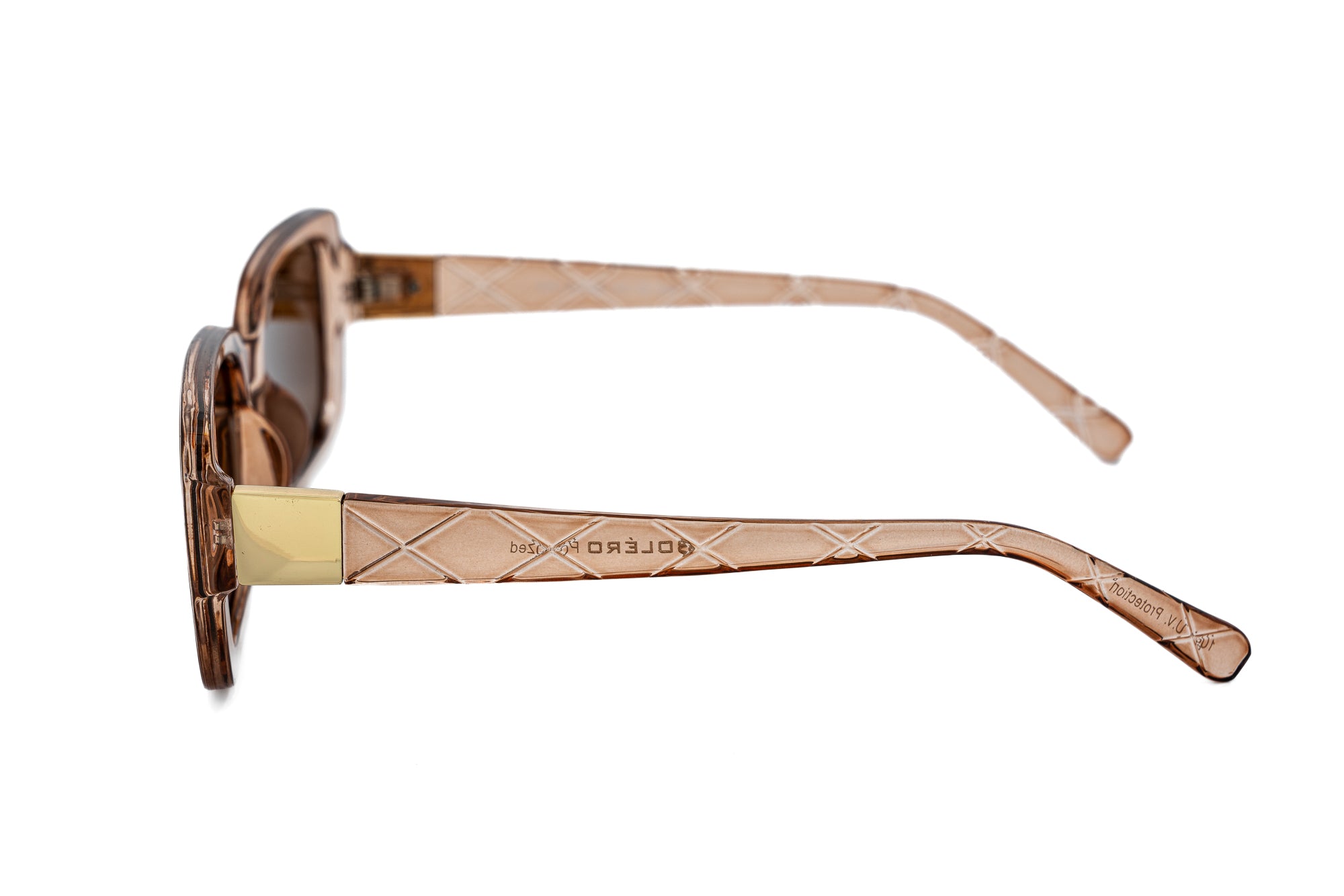 Odette by Bolero Eyewear fashion sunglasses with gold-accent temples and polarized UV protection lenses side angle view