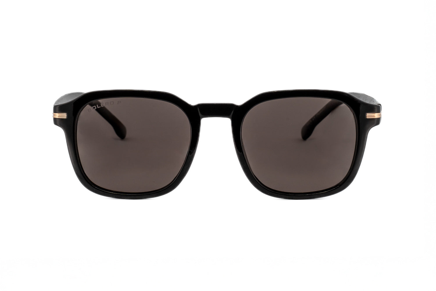 Quinn by Bolero Eyewear black square crystal frame sunglasses with smoke UV lenses and metallic temple accents front angle view