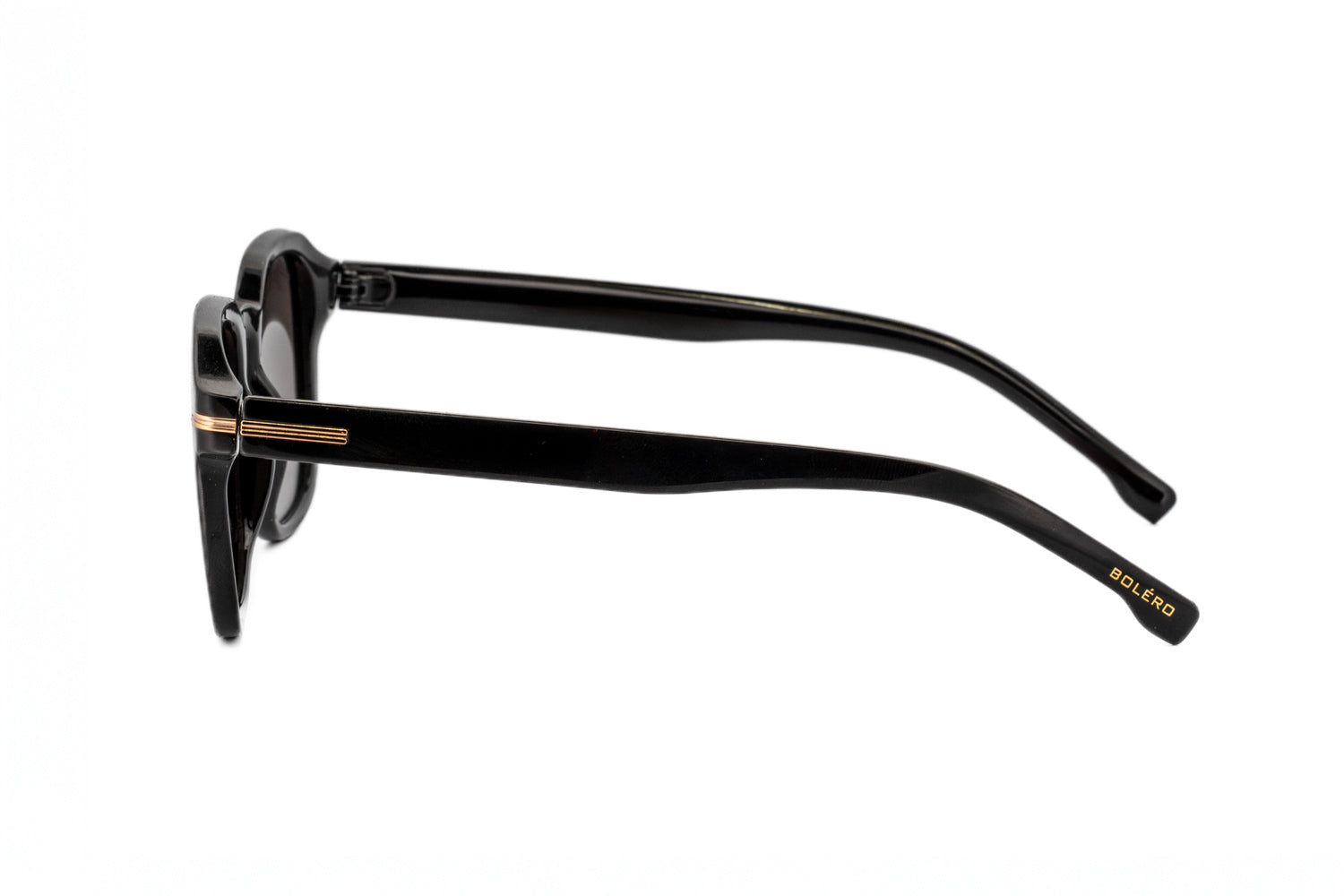 Quinn by Bolero Eyewear black square crystal frame sunglasses with smoke UV lenses and metallic temple accents side angle view