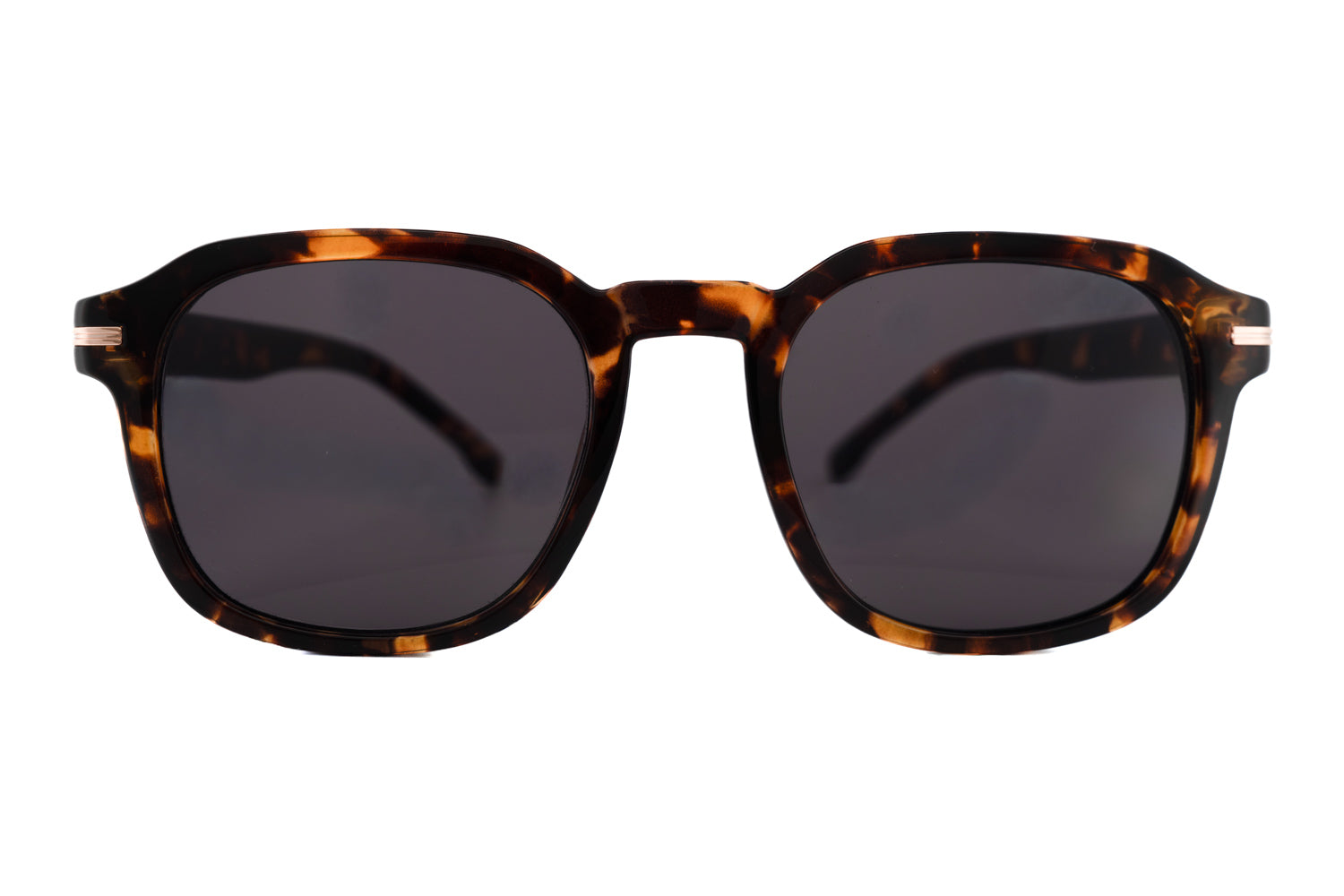 Quinn tortoise square crystal frame sunglasses with smoke UV lenses and gold temple detailing front angle view